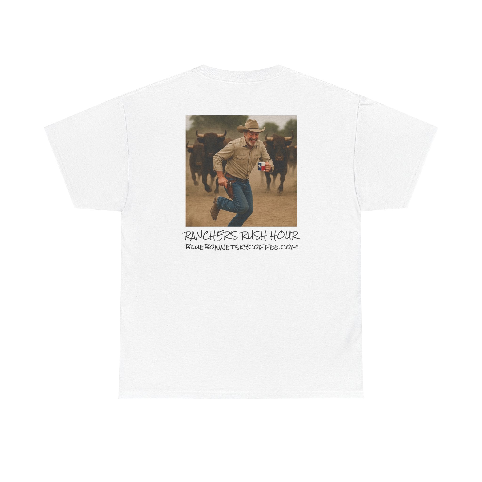 Rancher's Rush Hour Dark Roast Tee-Retro Bluebonnet Sky Coffee Graphic Tee-Shirt