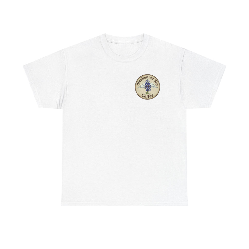 Rancher's Rush Hour Dark Roast Tee-Retro Bluebonnet Sky Coffee Graphic Tee-Shirt