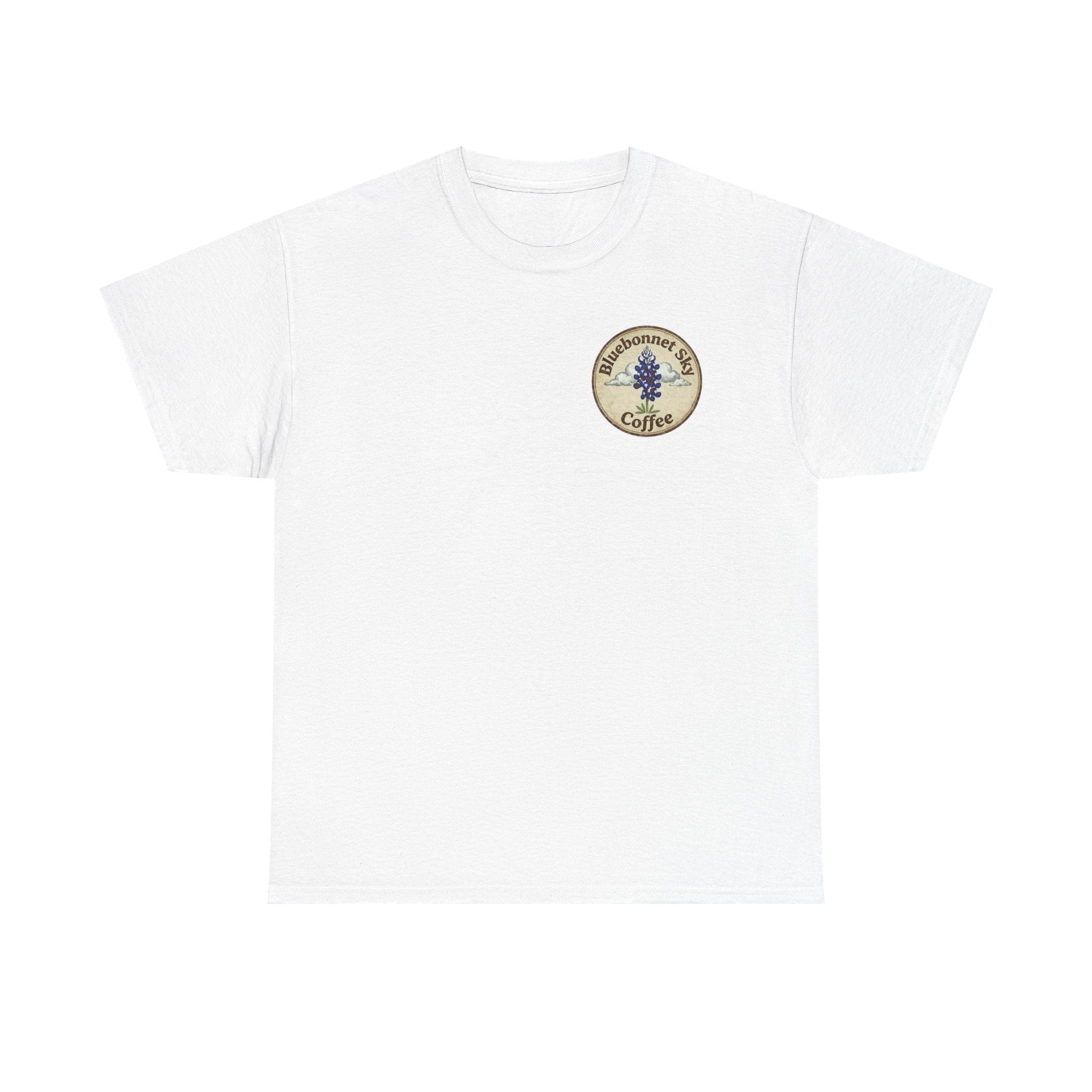 Rancher's Rush Hour Dark Roast Tee-Retro Bluebonnet Sky Coffee Graphic Tee-Shirt