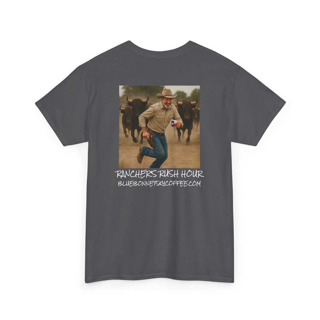 Rancher's Rush Hour Dark Roast Tee-Retro Bluebonnet Sky Coffee Graphic Tee-Shirt