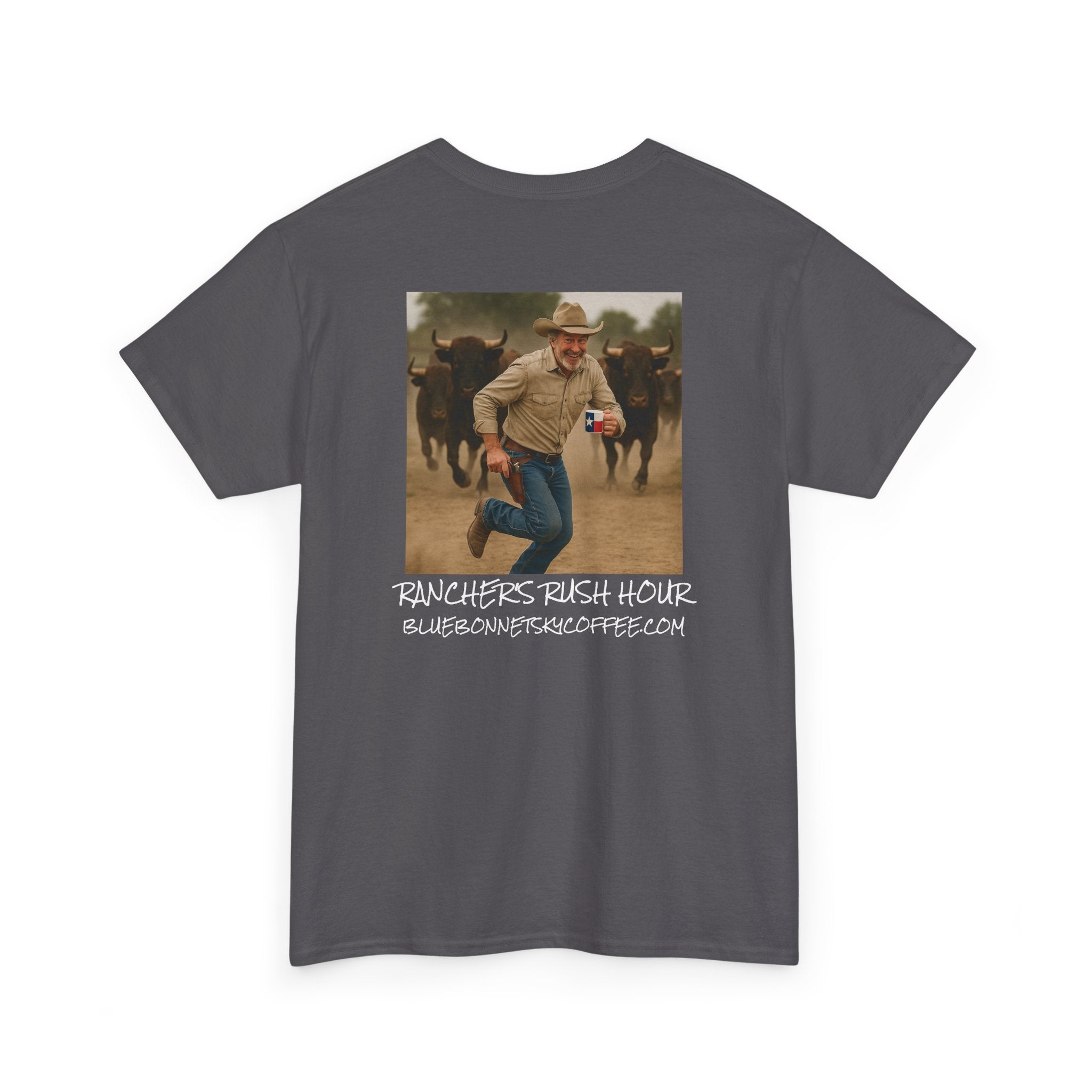 Rancher's Rush Hour Dark Roast Tee-Retro Bluebonnet Sky Coffee Graphic Tee-Shirt
