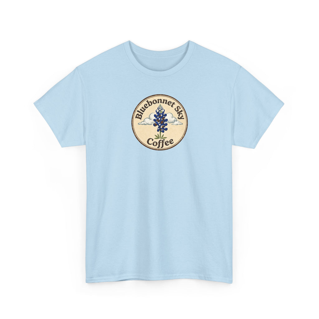 Cowgirl Kick Single Origin Tee — Retro Bluebonnet Sky Coffee Graphic T‑Shirt