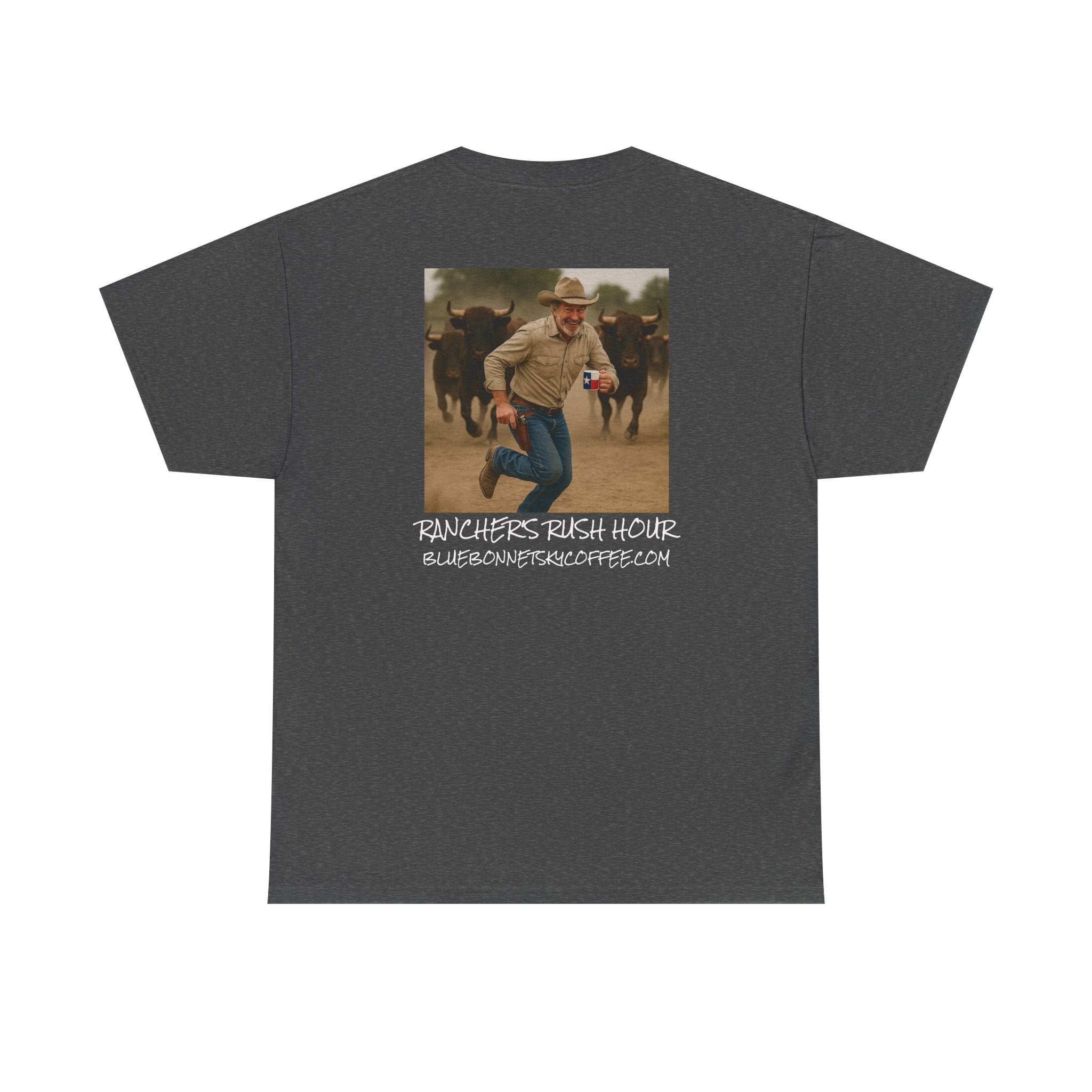 Rancher's Rush Hour Dark Roast Tee-Retro Bluebonnet Sky Coffee Graphic Tee-Shirt