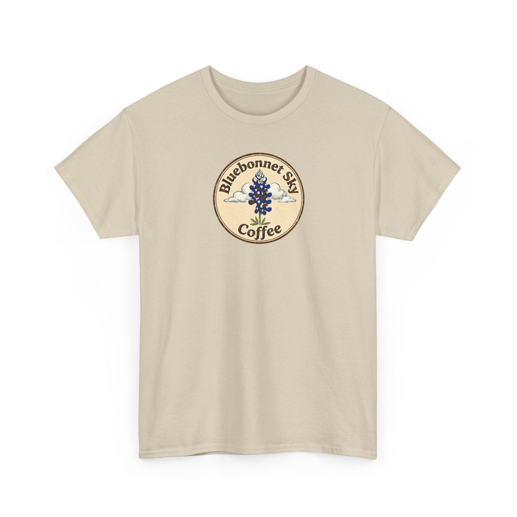 Cowgirl Kick Single Origin Tee — Retro Bluebonnet Sky Coffee Graphic T‑Shirt