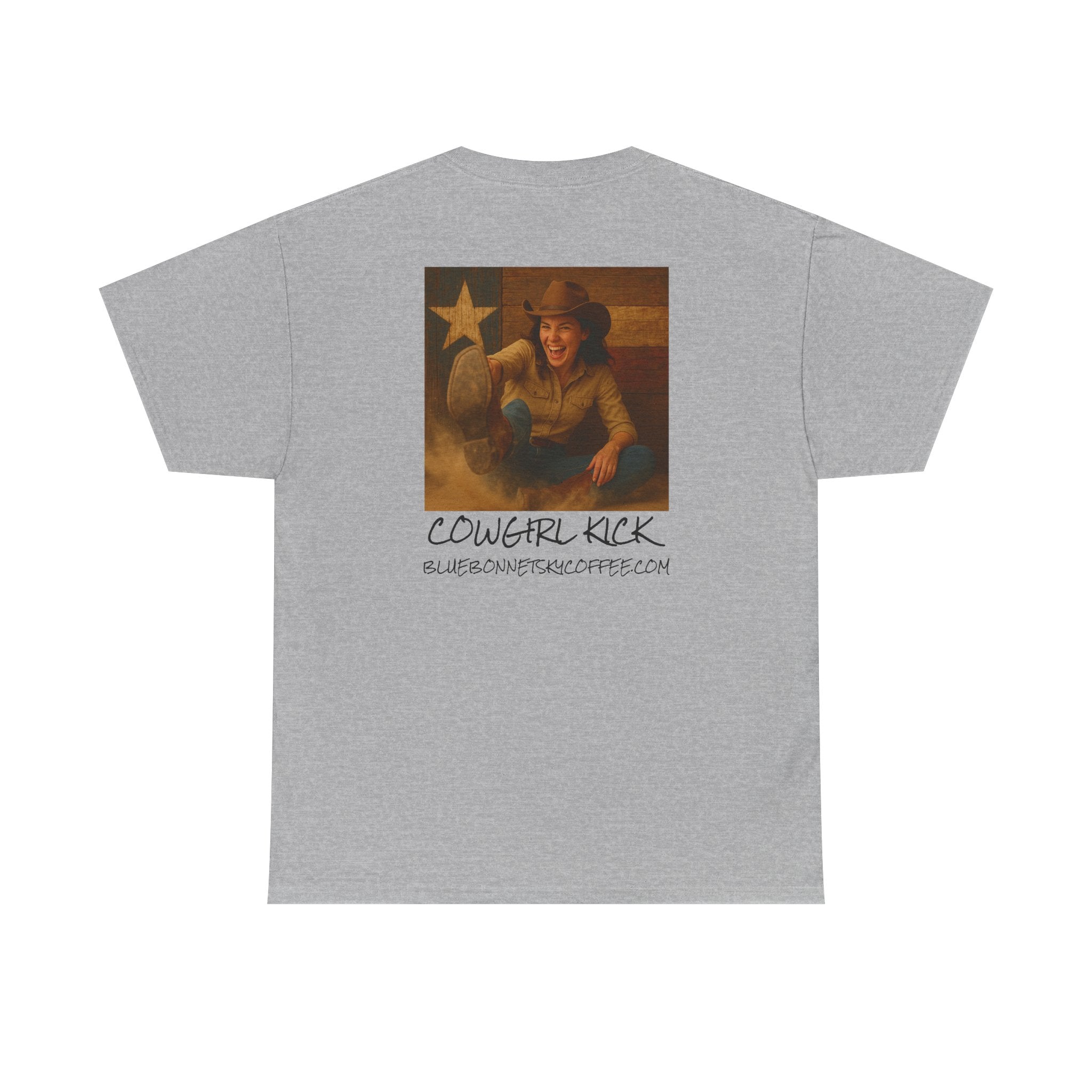 Cowgirl Kick Single Origin Tee — Retro Bluebonnet Sky Coffee Graphic T‑Shirt
