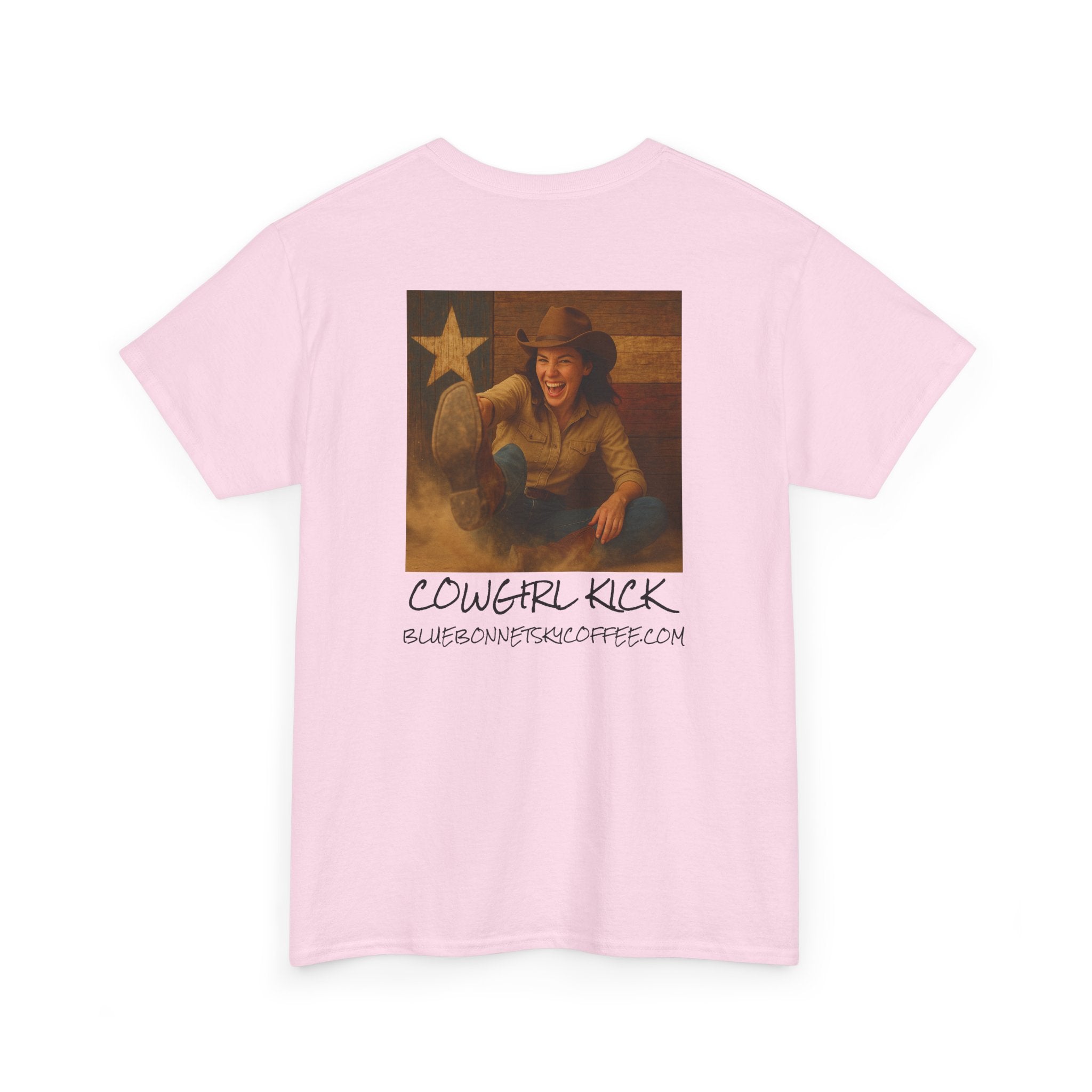 Cowgirl Kick Single Origin Tee — Retro Bluebonnet Sky Coffee Graphic T‑Shirt
