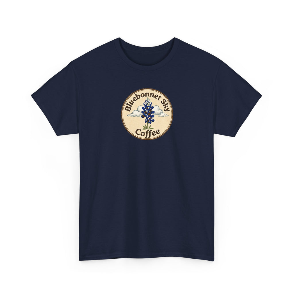 Rancher's Rush Hour Dark Roast Tee-Retro Bluebonnet Sky Coffee Graphic Tee-Shirt