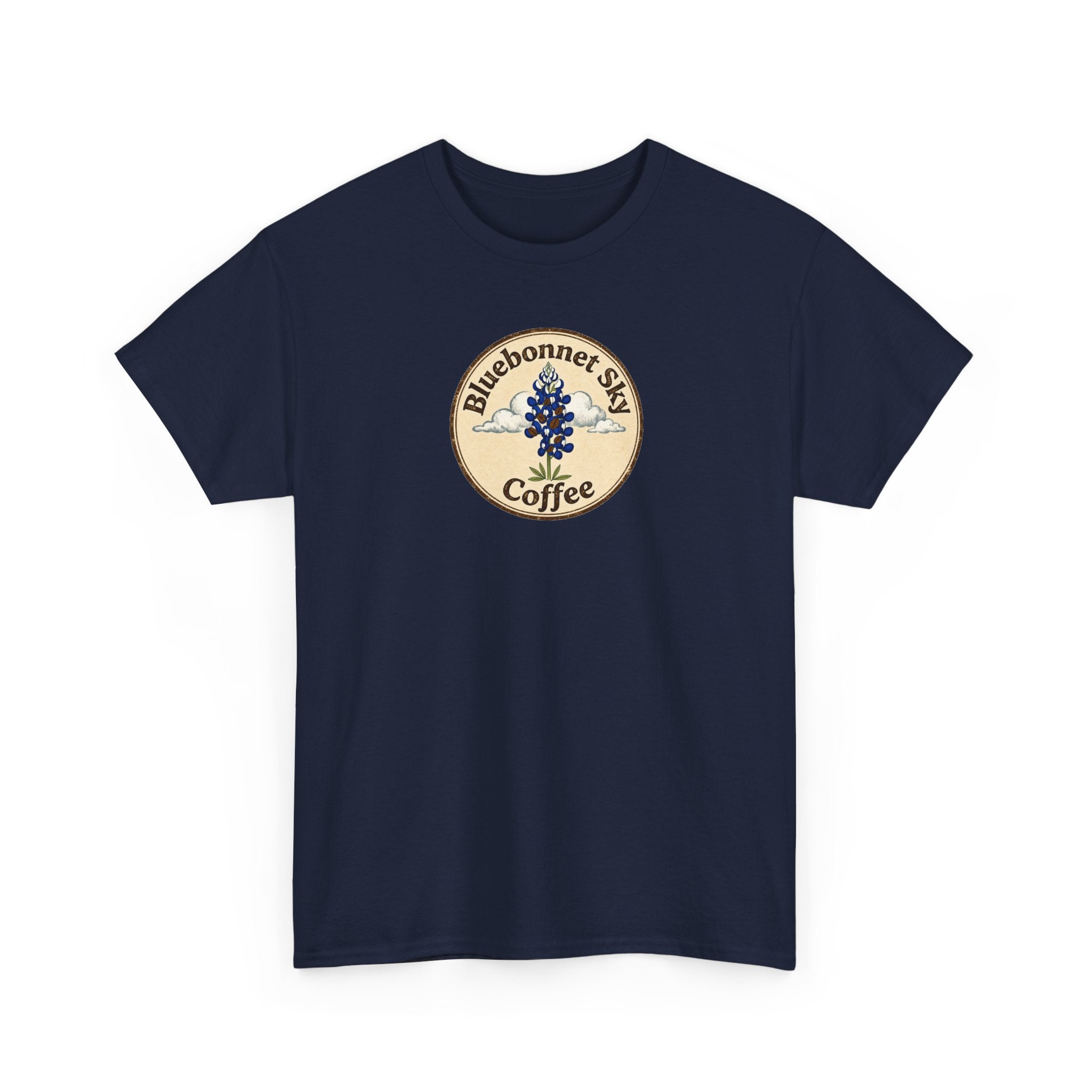 Rancher's Rush Hour Dark Roast Tee-Retro Bluebonnet Sky Coffee Graphic Tee-Shirt