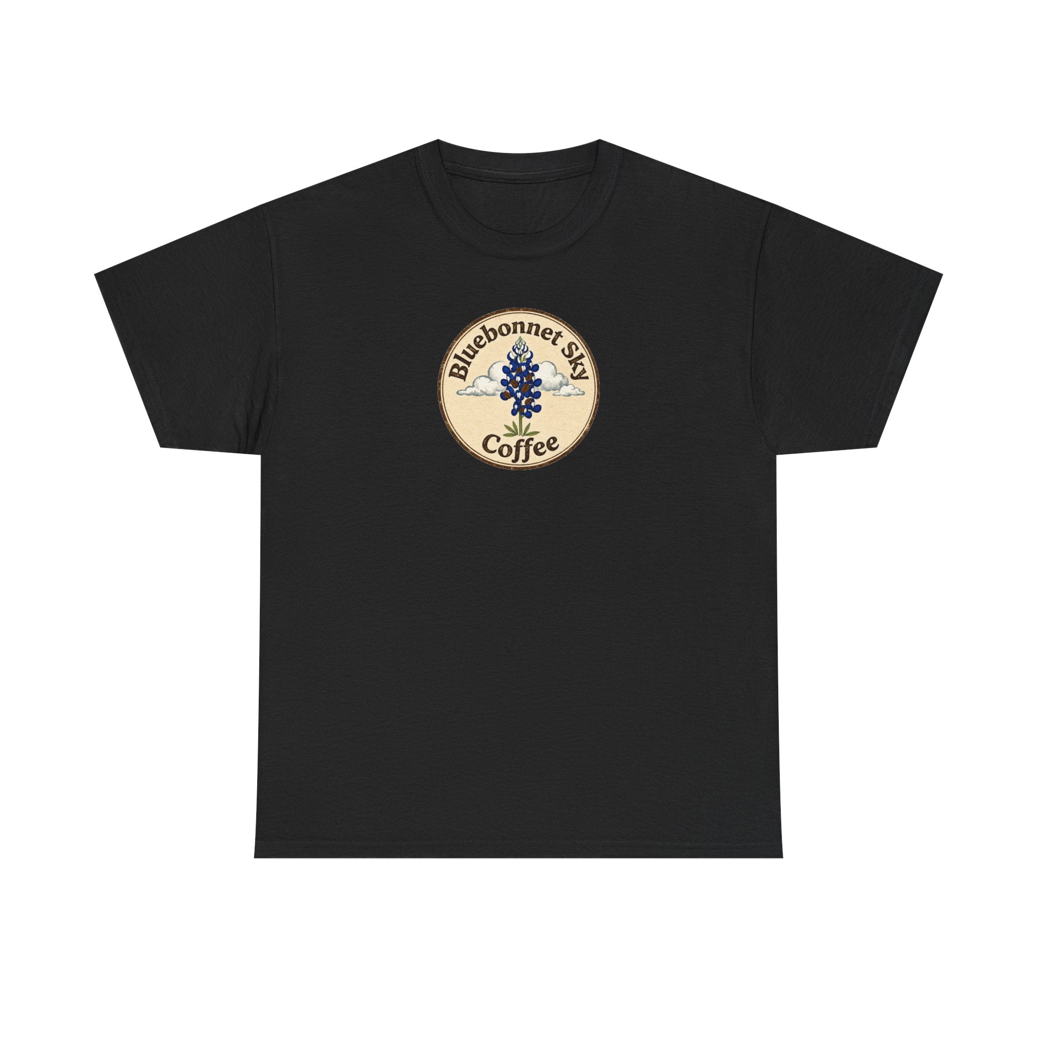 Rancher's Rush Hour Dark Roast Tee-Retro Bluebonnet Sky Coffee Graphic Tee-Shirt