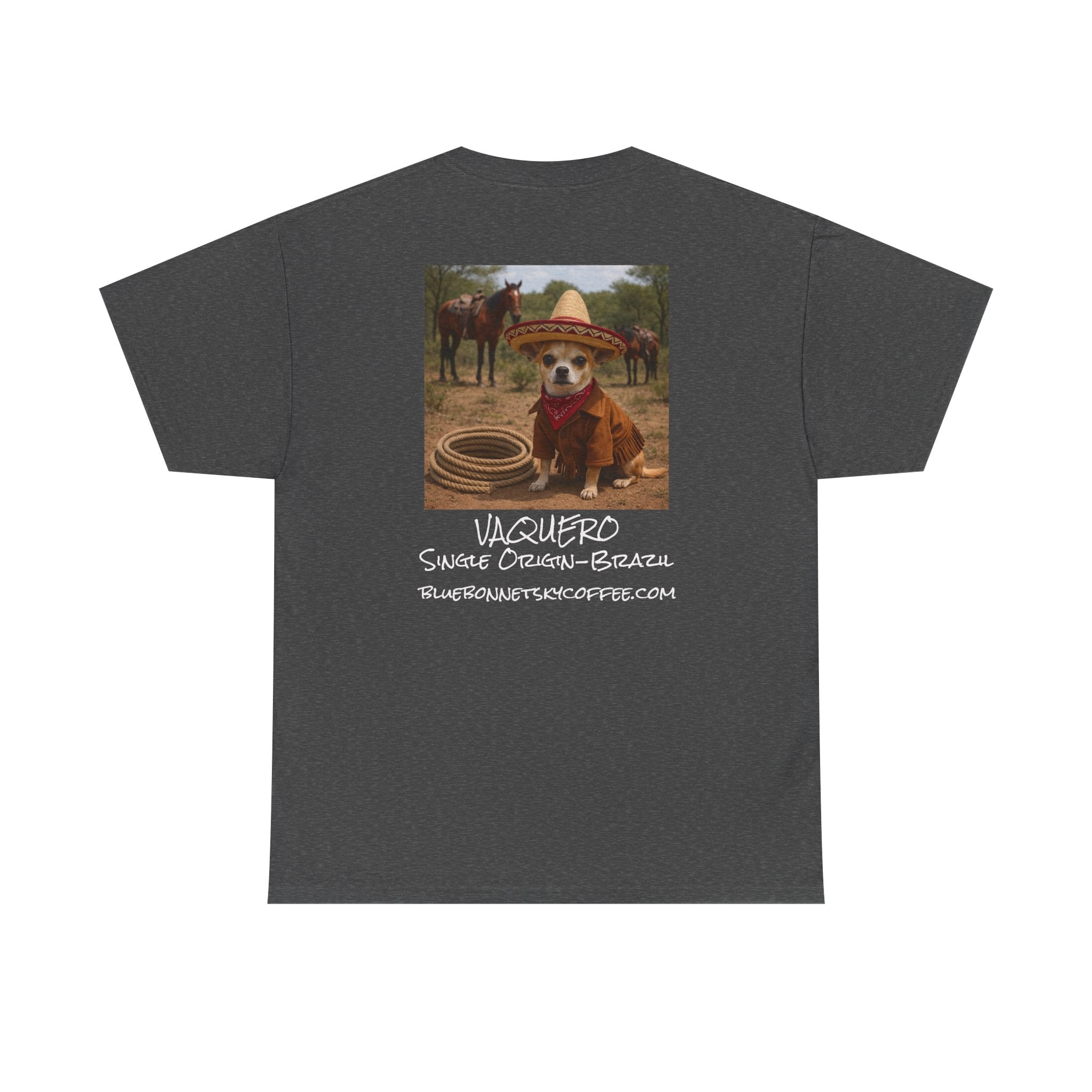 Vaquero Single Origin Tee — Retro Bluebonnet Sky Coffee Graphic T-Shirt