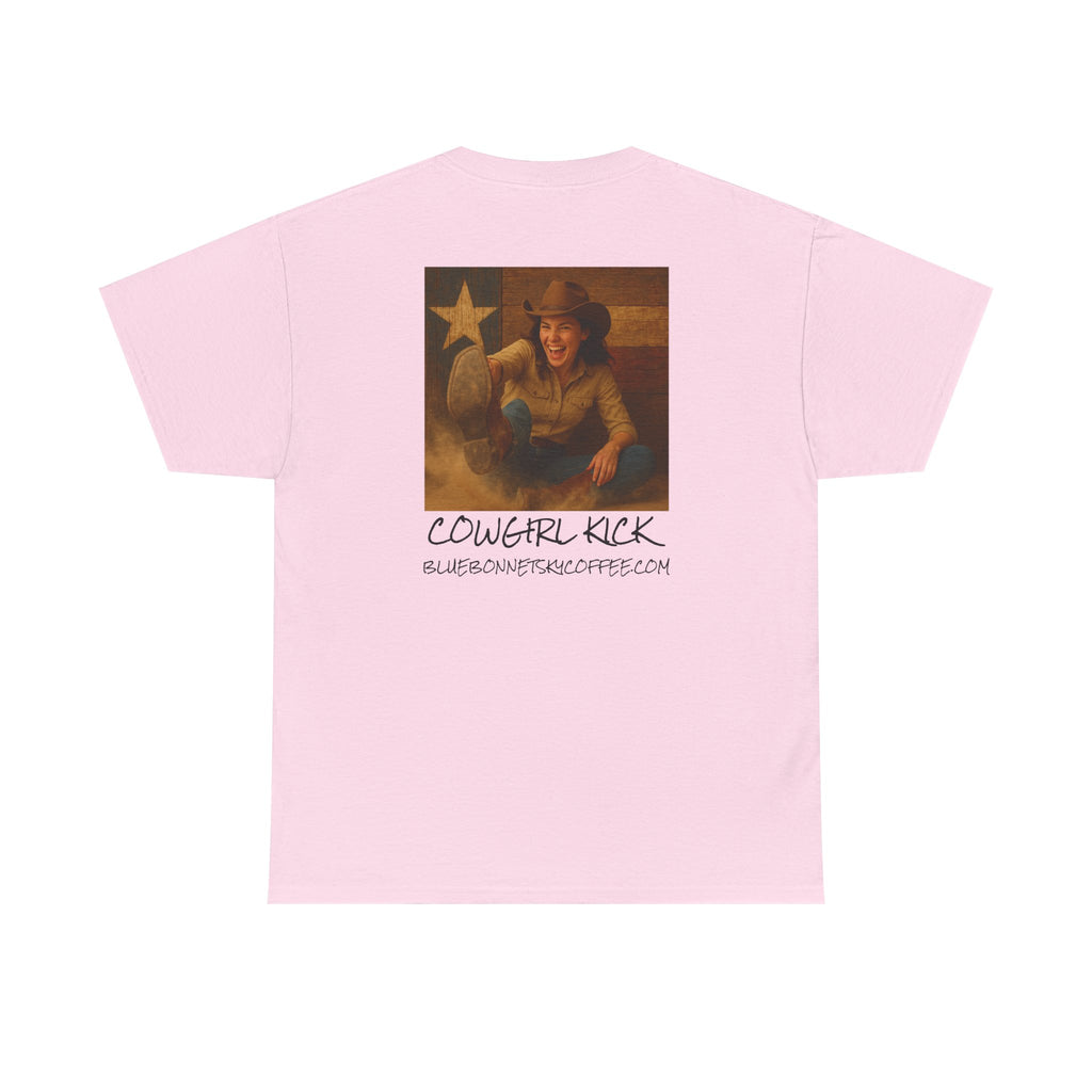 Cowgirl Kick Single Origin Tee — Retro Bluebonnet Sky Coffee Graphic T‑Shirt