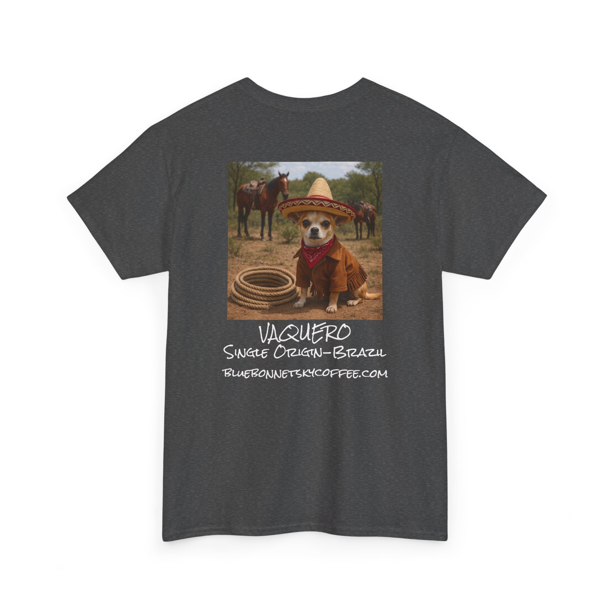 Vaquero Single Origin Tee — Retro Bluebonnet Sky Coffee Graphic T-Shirt