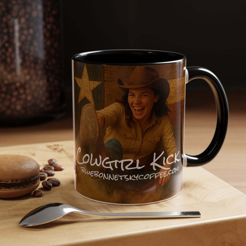 Cowgirl Kick ceramic coffee mug with blue interior and handle, glossy finish, available in 11oz and 15oz sizes