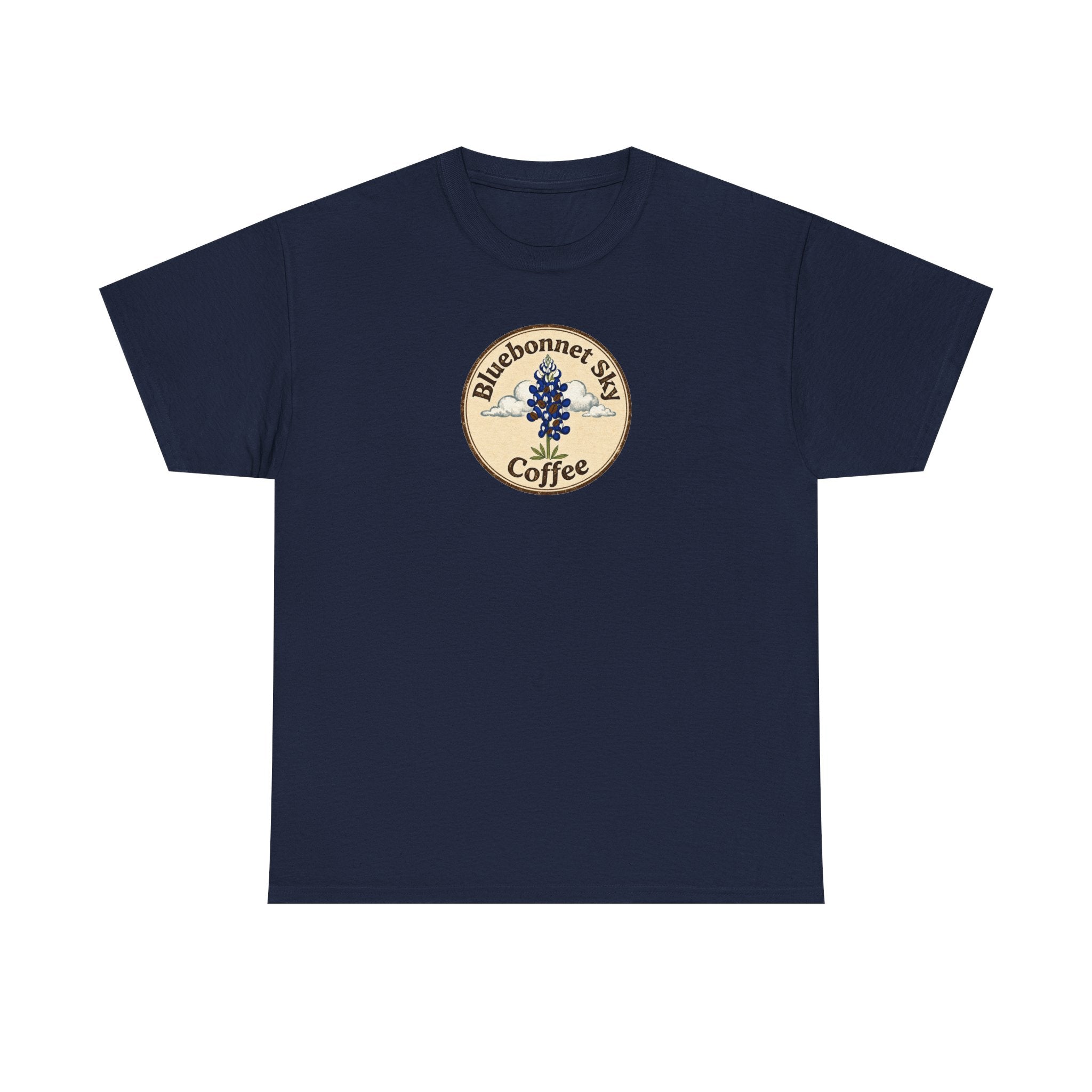 Rancher's Rush Hour Dark Roast Tee-Retro Bluebonnet Sky Coffee Graphic Tee-Shirt