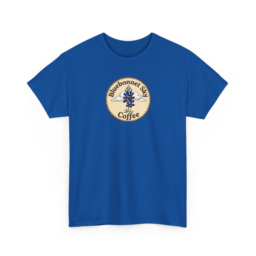 Rancher's Rush Hour Dark Roast Tee-Retro Bluebonnet Sky Coffee Graphic Tee-Shirt