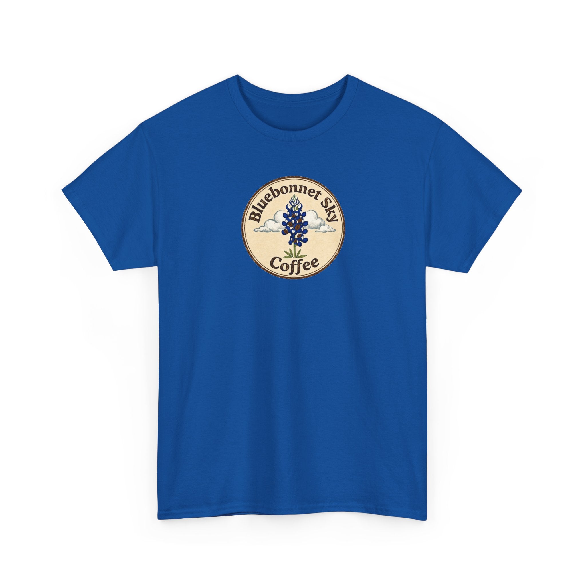 Rancher's Rush Hour Dark Roast Tee-Retro Bluebonnet Sky Coffee Graphic Tee-Shirt