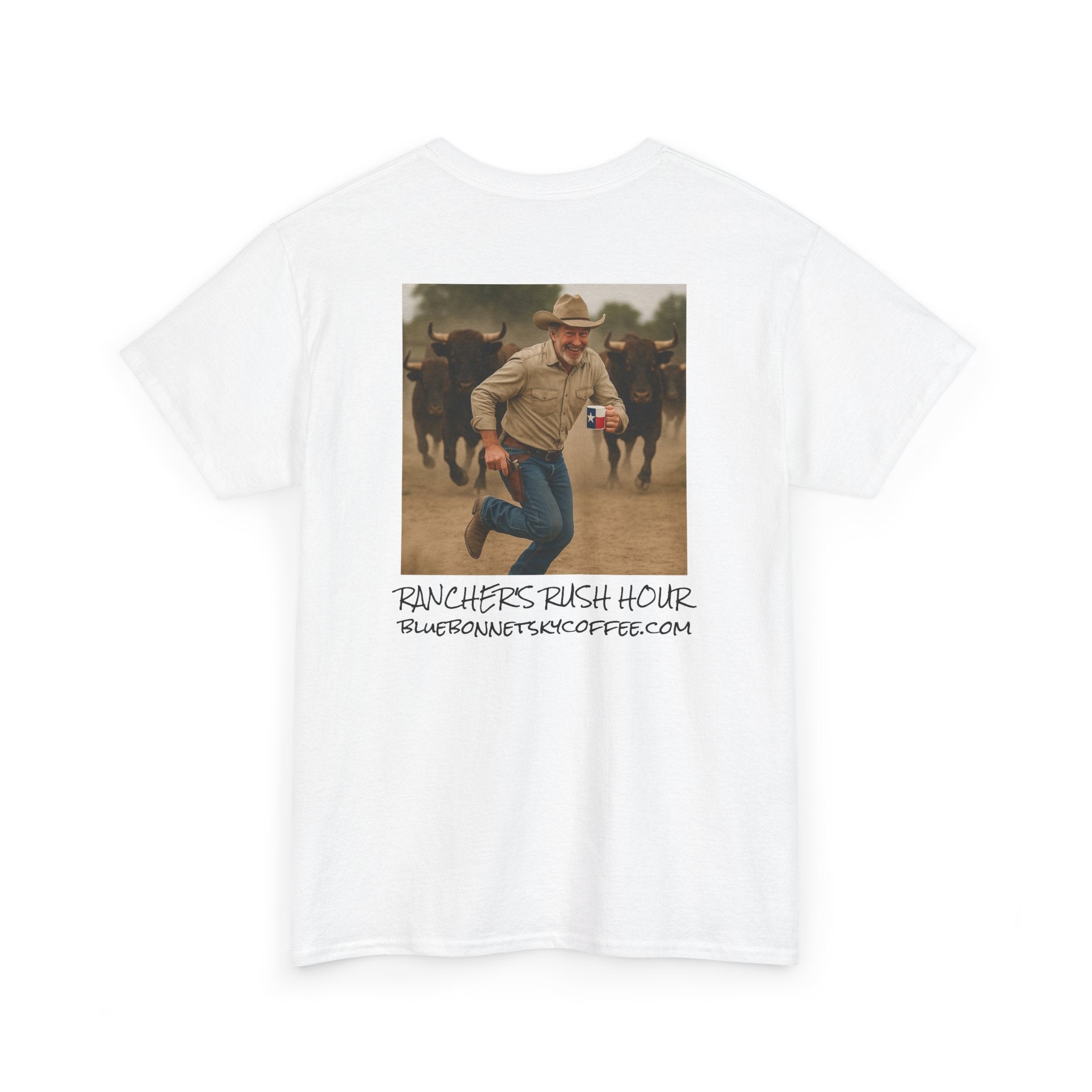 Rancher's Rush Hour Dark Roast Tee-Retro Bluebonnet Sky Coffee Graphic Tee-Shirt