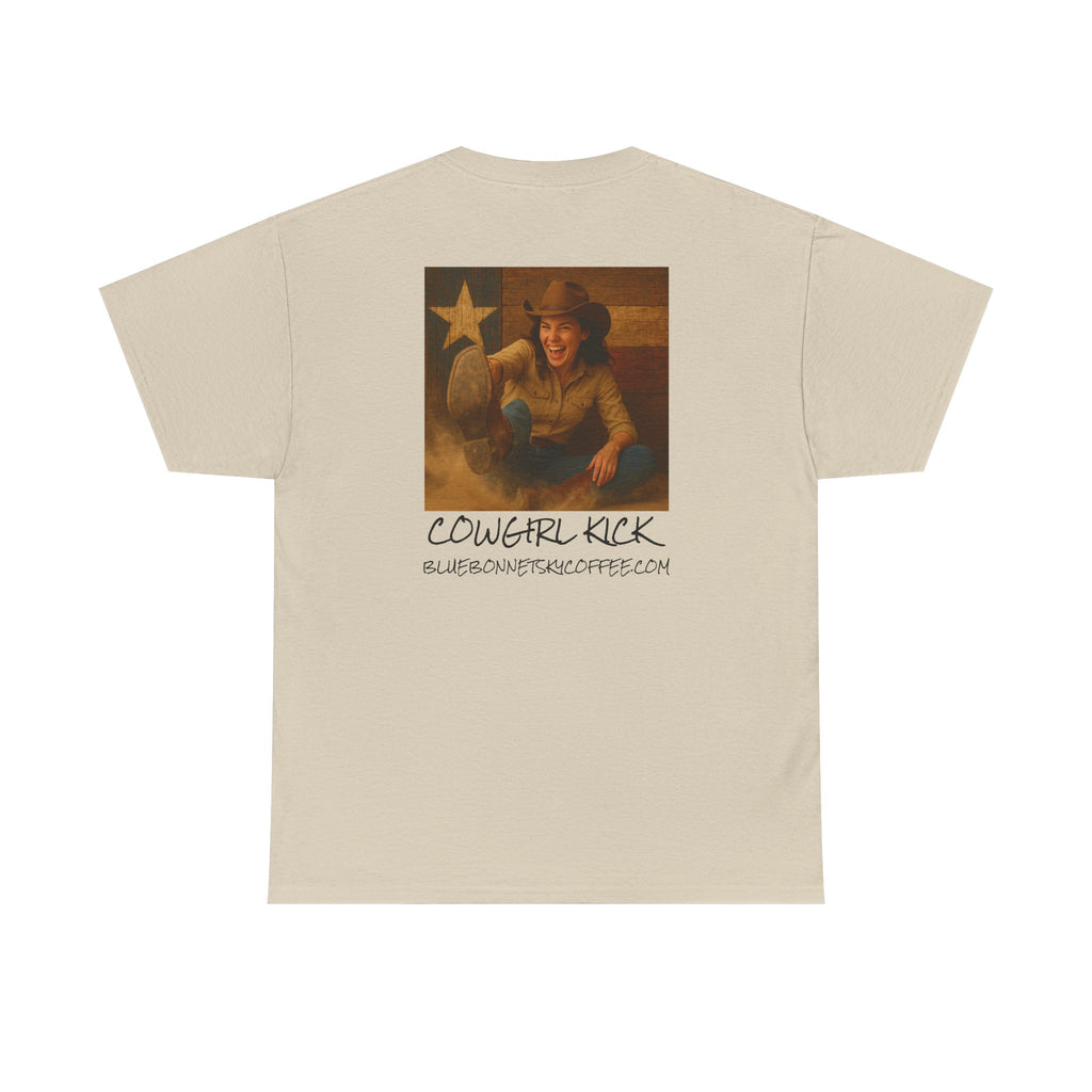 Cowgirl Kick Single Origin Tee — Retro Bluebonnet Sky Coffee Graphic T‑Shirt