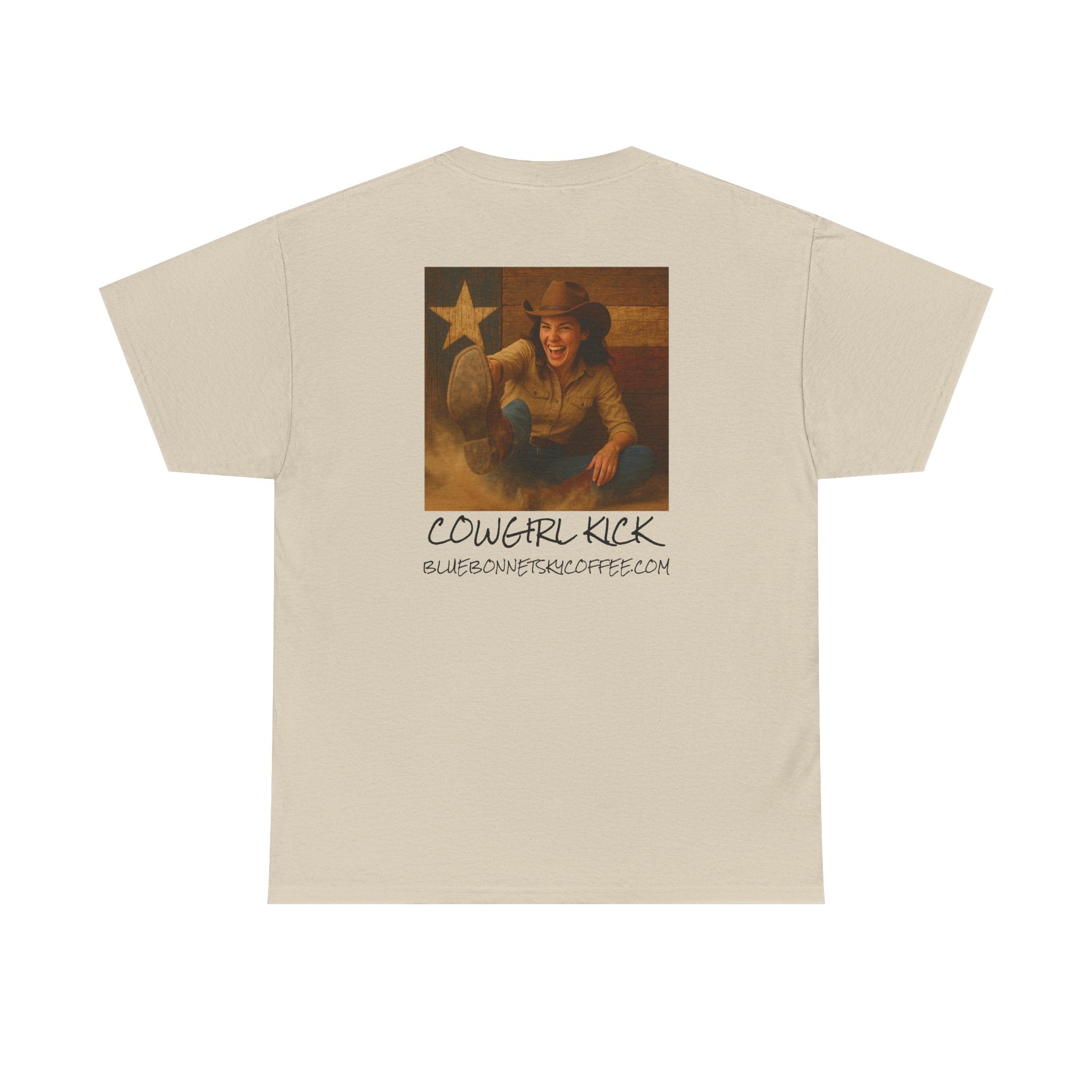 Cowgirl Kick Single Origin Tee — Retro Bluebonnet Sky Coffee Graphic T‑Shirt
