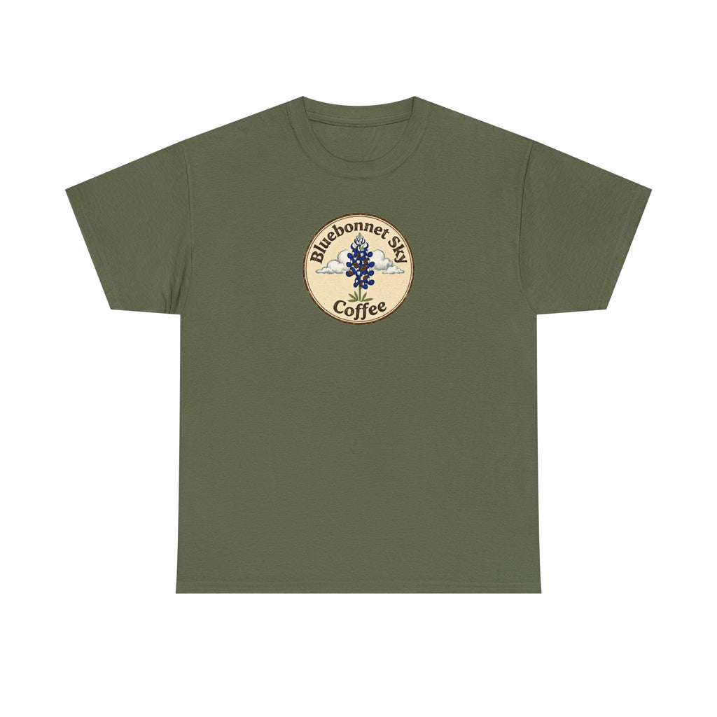 Rancher's Rush Hour Dark Roast Tee-Retro Bluebonnet Sky Coffee Graphic Tee-Shirt