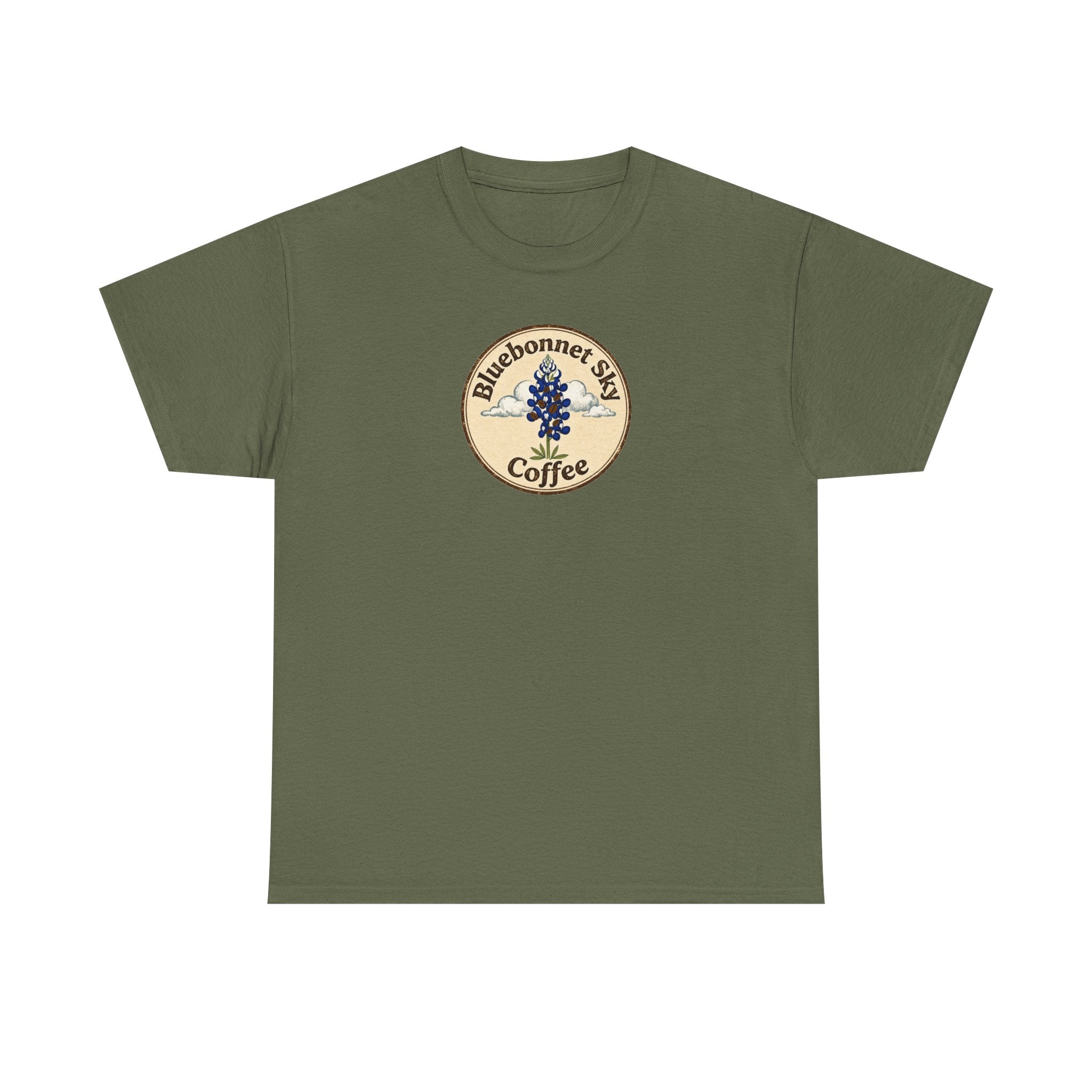 Rancher's Rush Hour Dark Roast Tee-Retro Bluebonnet Sky Coffee Graphic Tee-Shirt