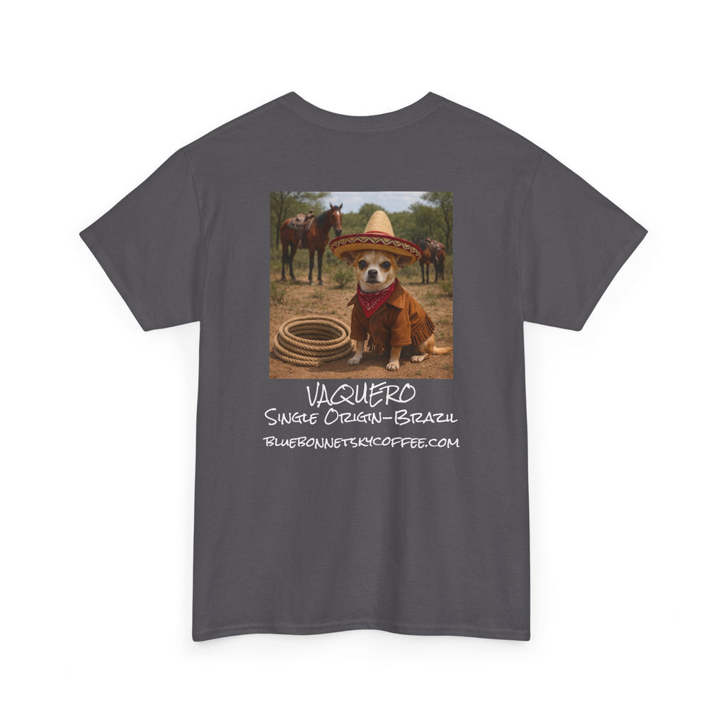 Vaquero Single Origin Tee — Retro Bluebonnet Sky Coffee Graphic T-Shirt
