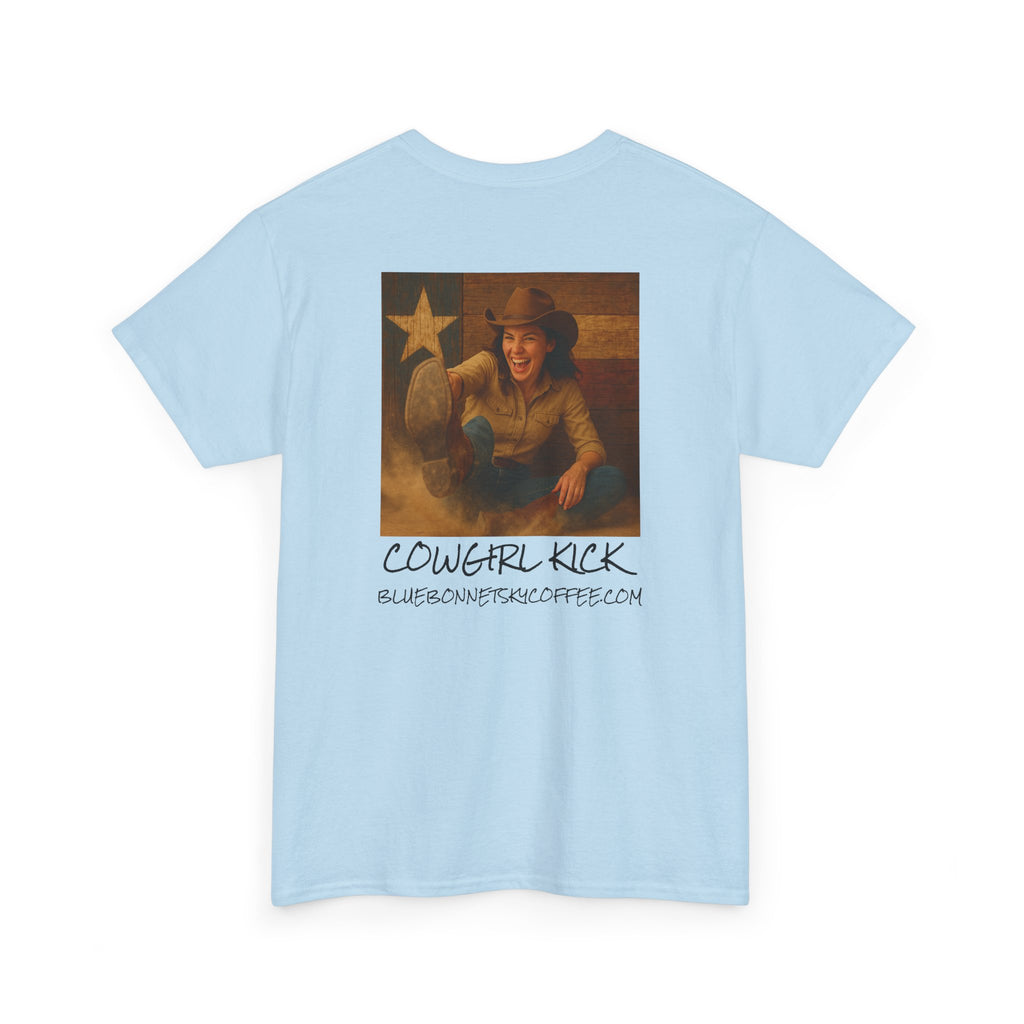 Cowgirl Kick Single Origin Tee — Retro Bluebonnet Sky Coffee Graphic T‑Shirt