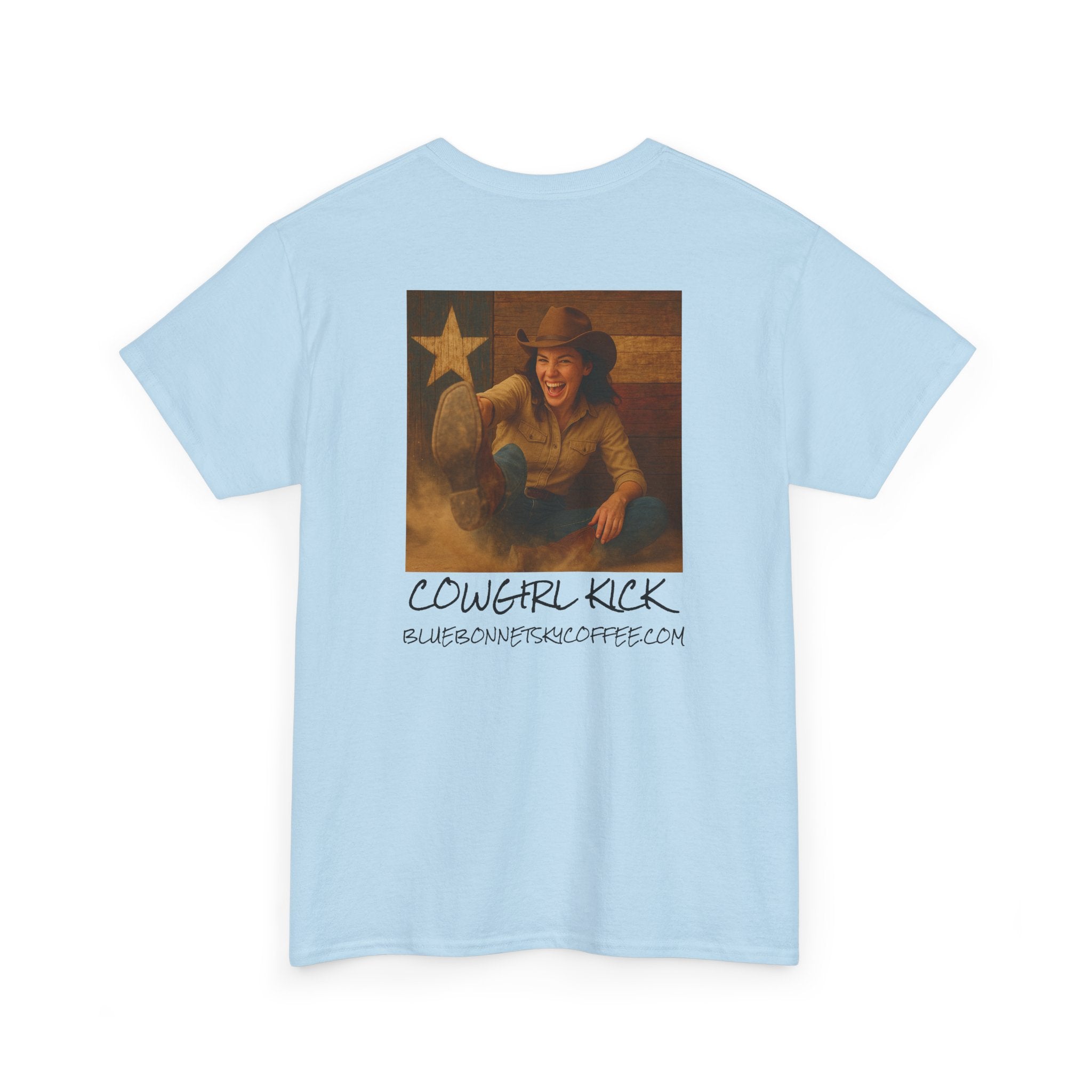 Cowgirl Kick Single Origin Tee — Retro Bluebonnet Sky Coffee Graphic T‑Shirt