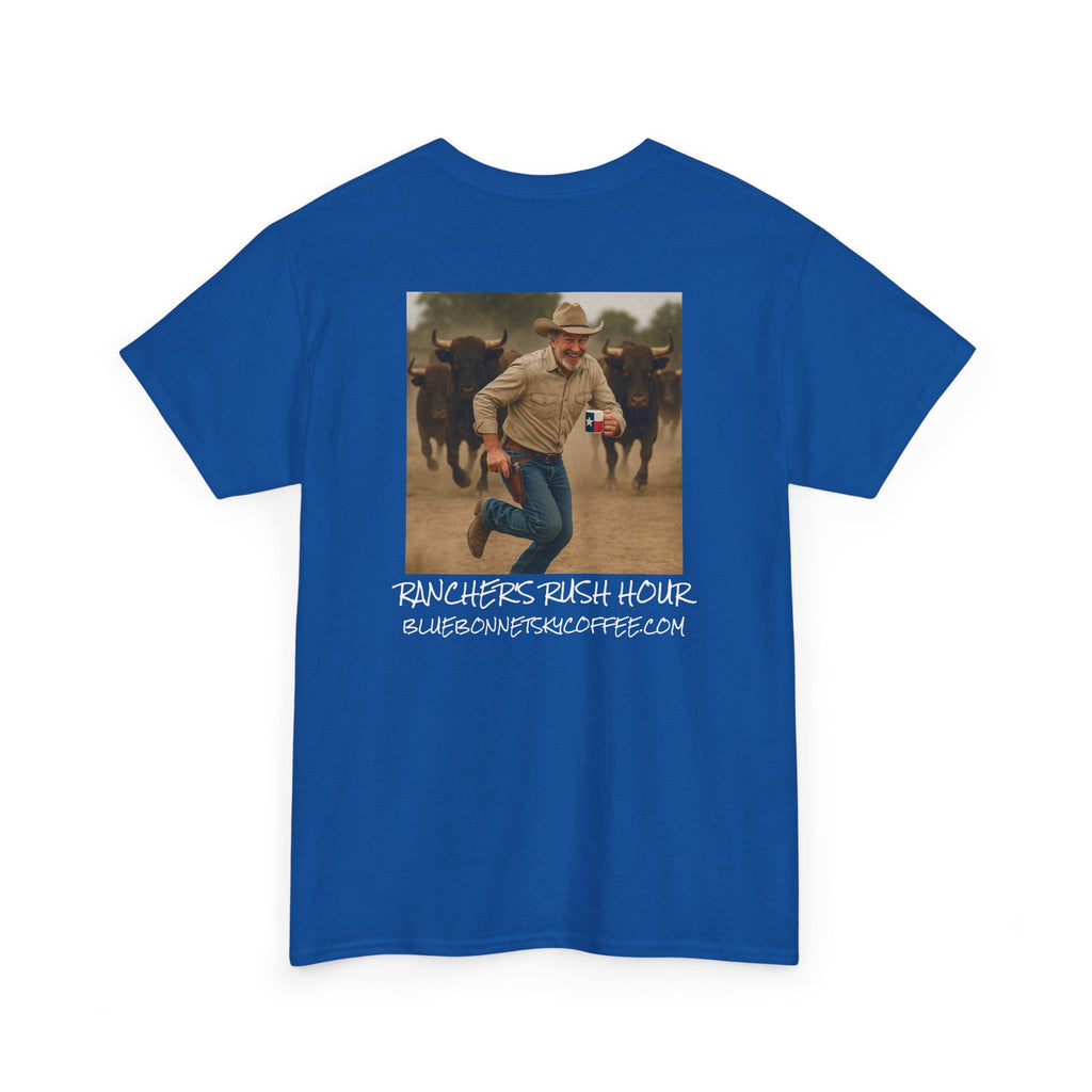 Rancher's Rush Hour Dark Roast Tee-Retro Bluebonnet Sky Coffee Graphic Tee-Shirt