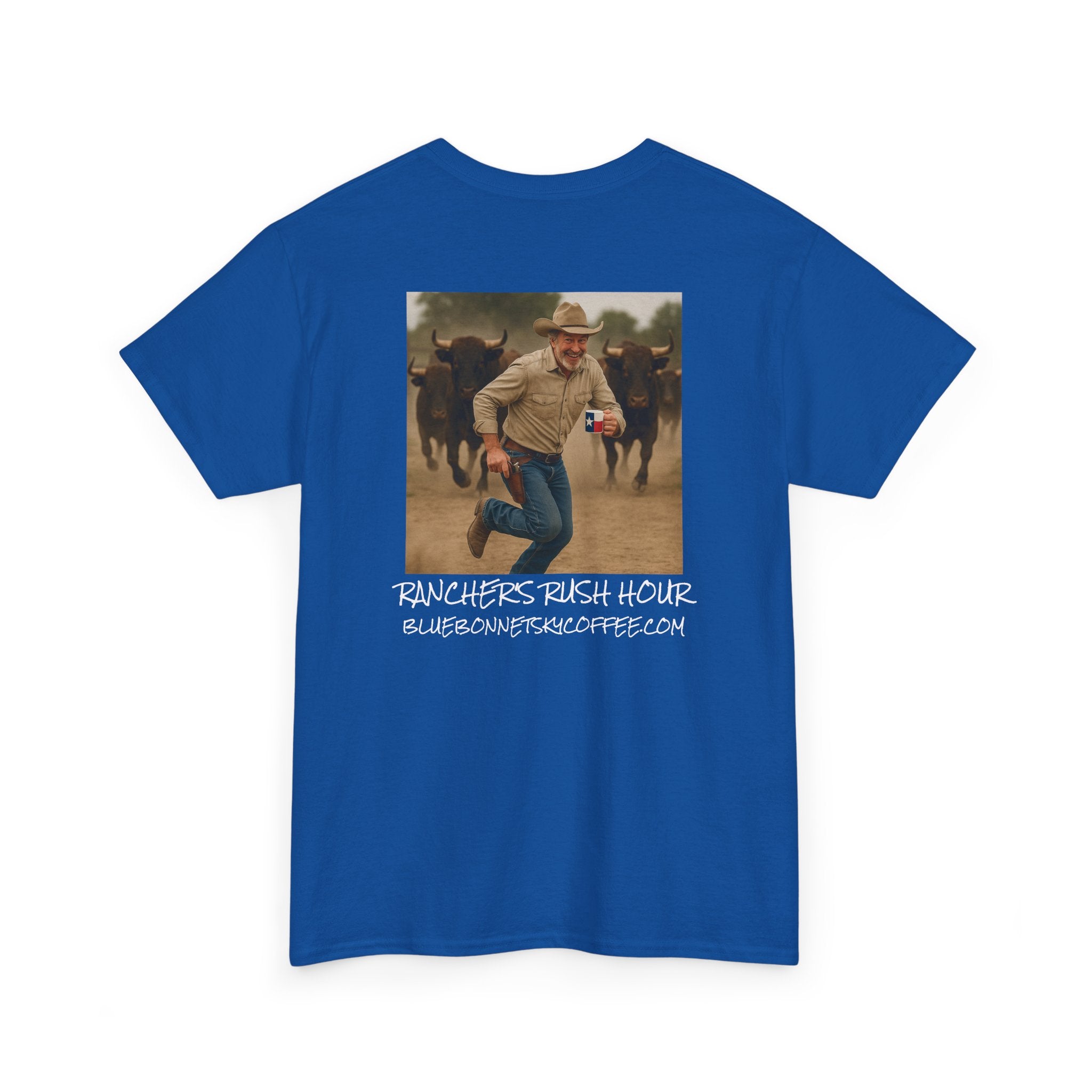 Rancher's Rush Hour Dark Roast Tee-Retro Bluebonnet Sky Coffee Graphic Tee-Shirt