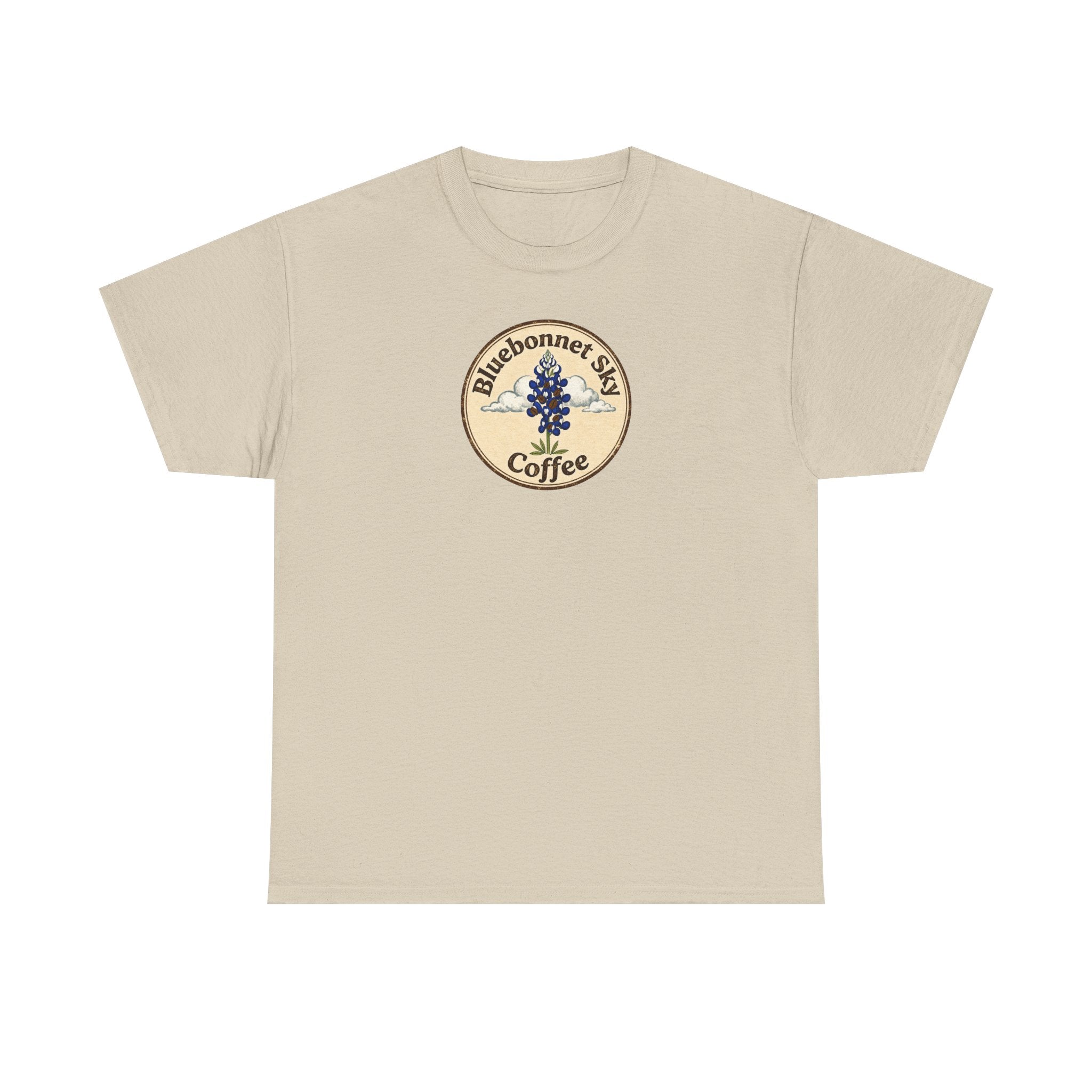 Cowgirl Kick Single Origin Tee — Retro Bluebonnet Sky Coffee Graphic T‑Shirt