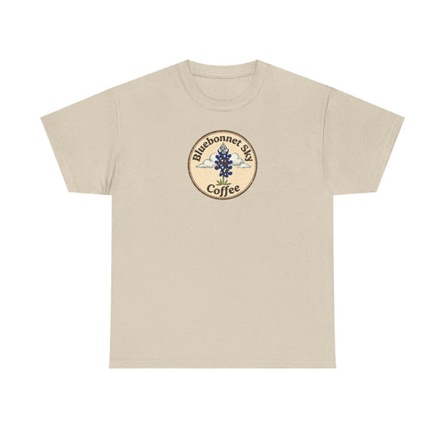 Cowgirl Kick Single Origin Tee — Retro Bluebonnet Sky Coffee Graphic T‑Shirt
