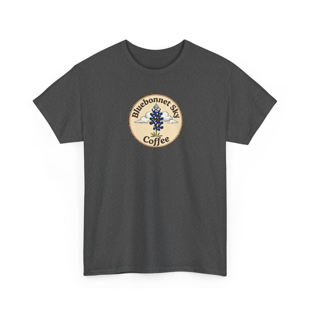Rancher's Rush Hour Dark Roast Tee-Retro Bluebonnet Sky Coffee Graphic Tee-Shirt