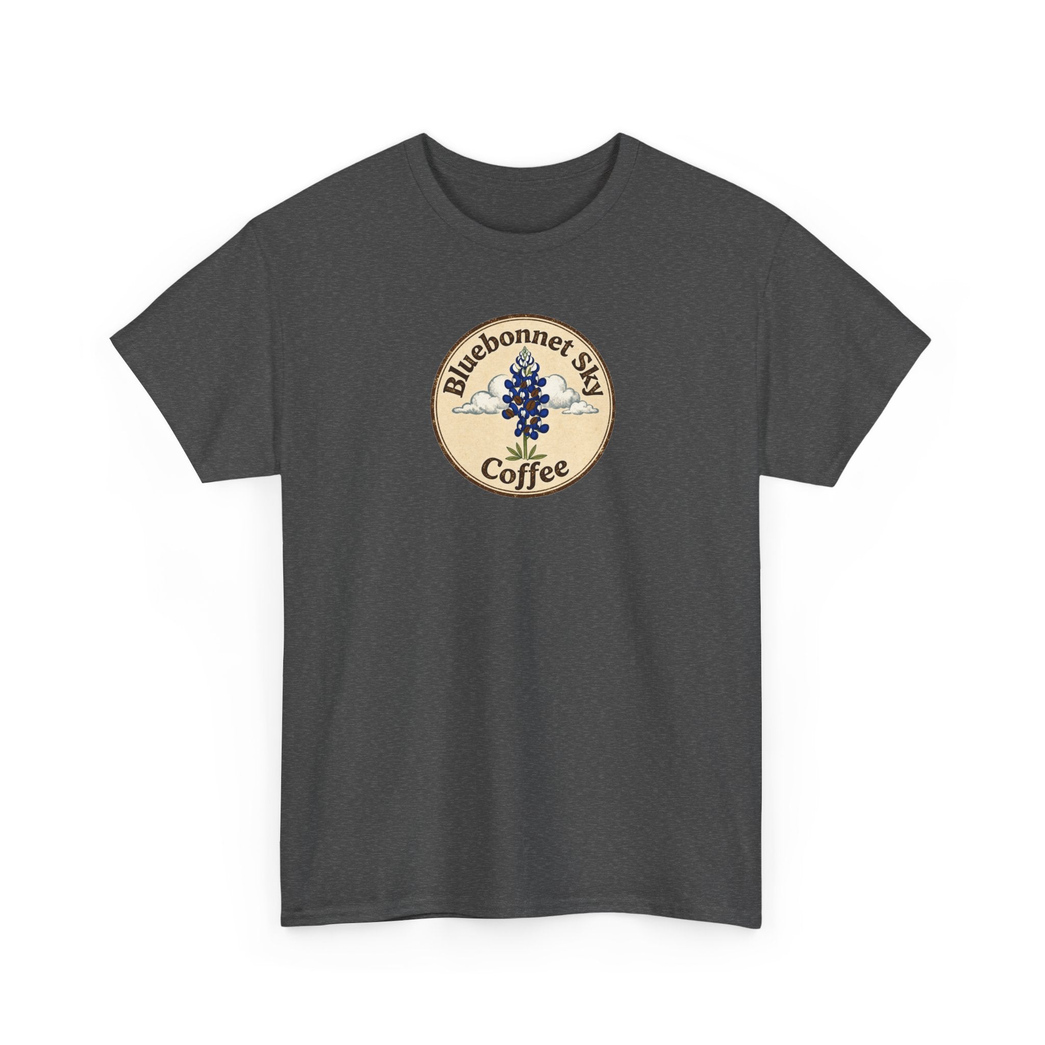 Rancher's Rush Hour Dark Roast Tee-Retro Bluebonnet Sky Coffee Graphic Tee-Shirt