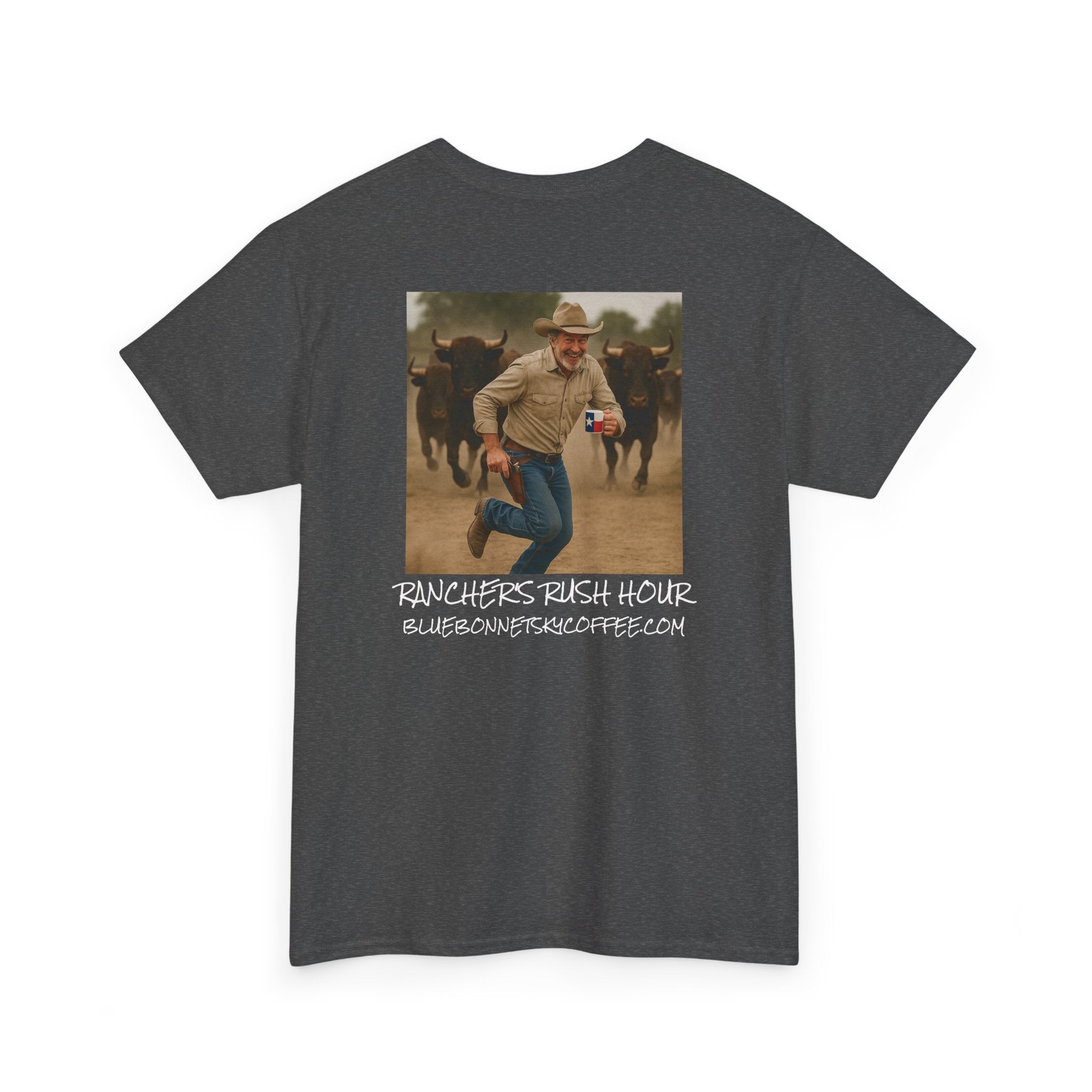 Rancher's Rush Hour Dark Roast Tee-Retro Bluebonnet Sky Coffee Graphic Tee-Shirt