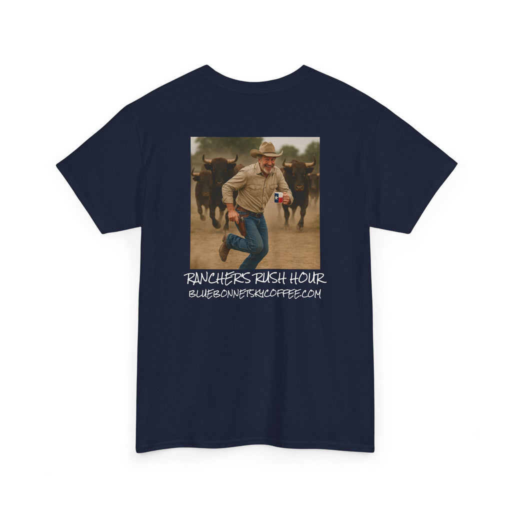 Rancher's Rush Hour Dark Roast Tee-Retro Bluebonnet Sky Coffee Graphic Tee-Shirt