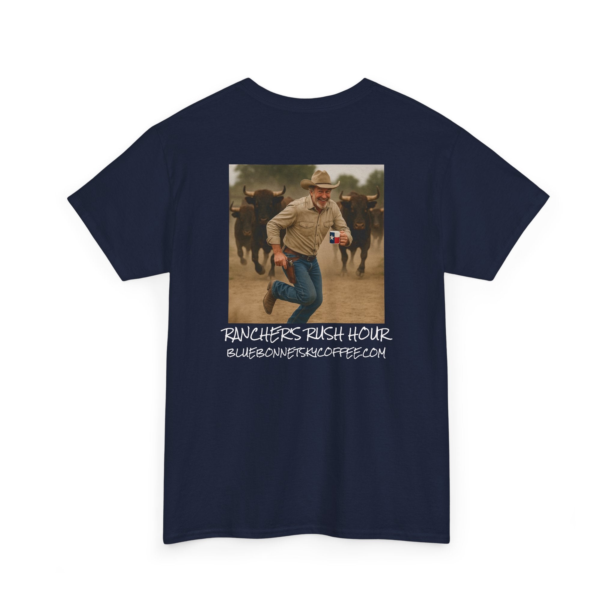 Rancher's Rush Hour Dark Roast Tee-Retro Bluebonnet Sky Coffee Graphic Tee-Shirt