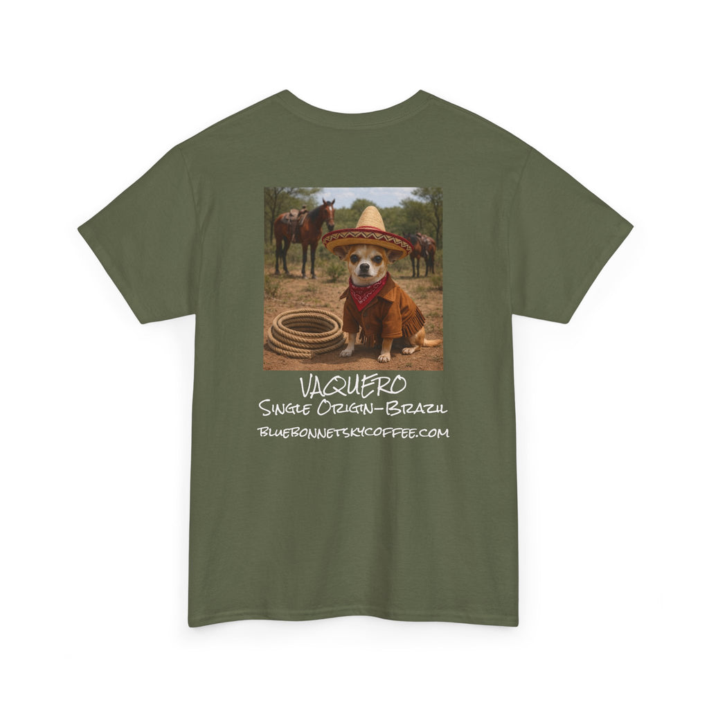Vaquero Single Origin Tee — Retro Bluebonnet Sky Coffee Graphic T-Shirt