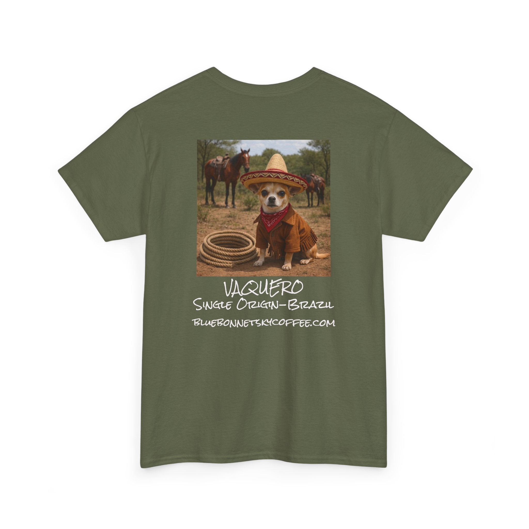 Vaquero Single Origin Tee — Retro Bluebonnet Sky Coffee Graphic T-Shirt