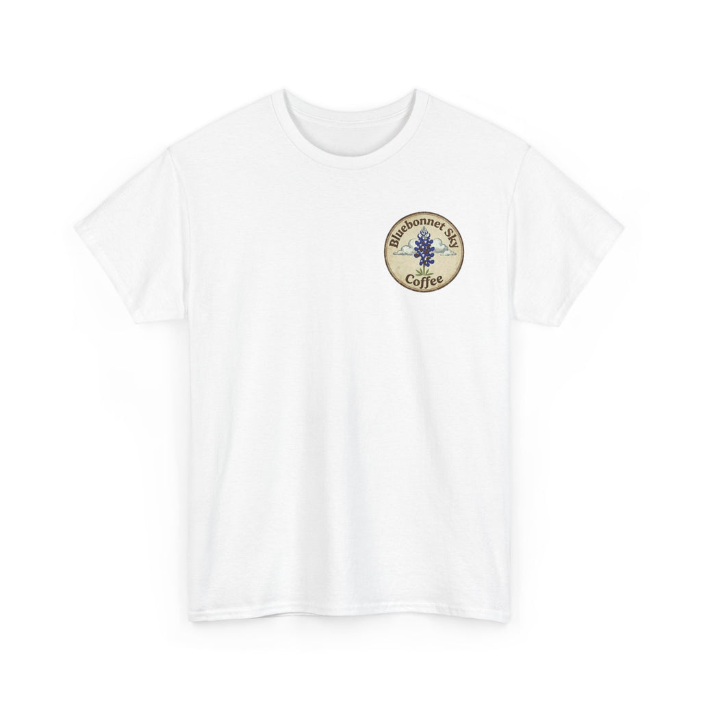 Rancher's Rush Hour Dark Roast Tee-Retro Bluebonnet Sky Coffee Graphic Tee-Shirt