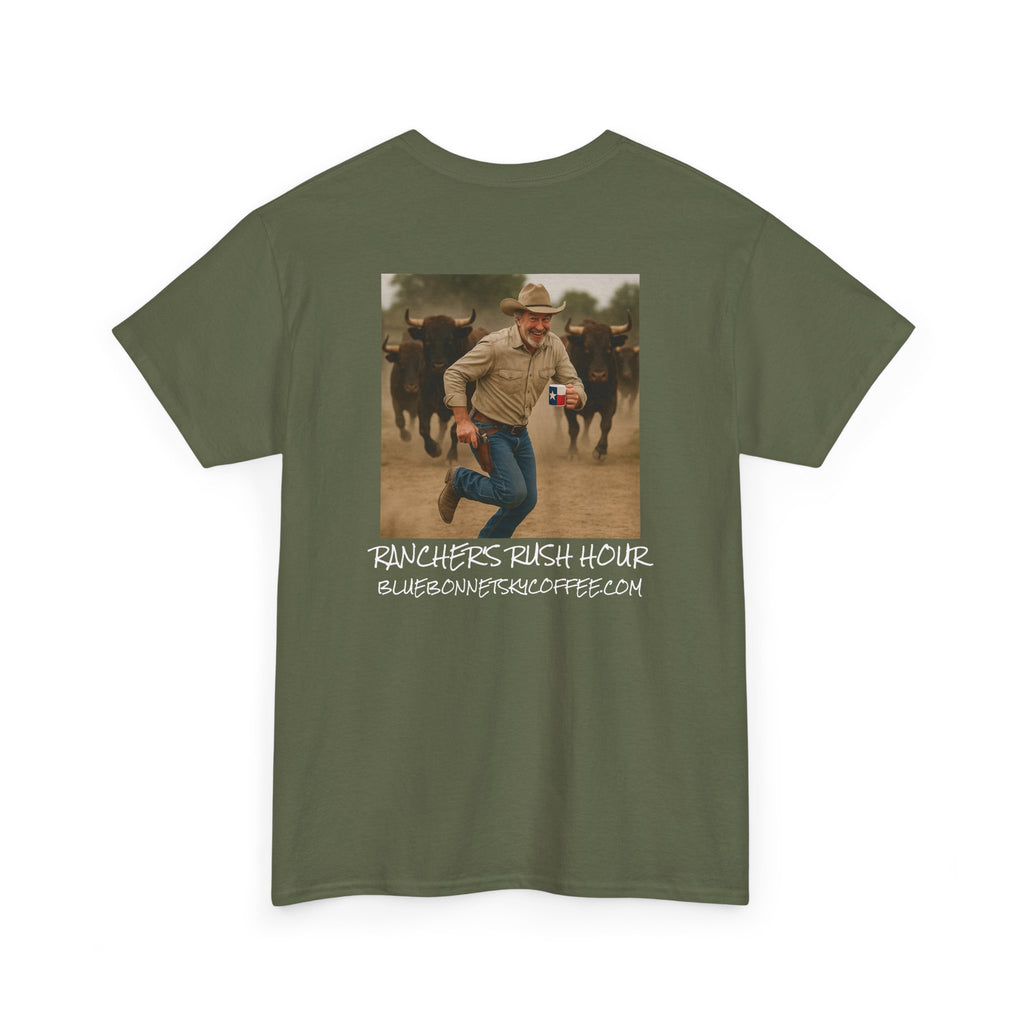 Rancher's Rush Hour Dark Roast Tee-Retro Bluebonnet Sky Coffee Graphic Tee-Shirt