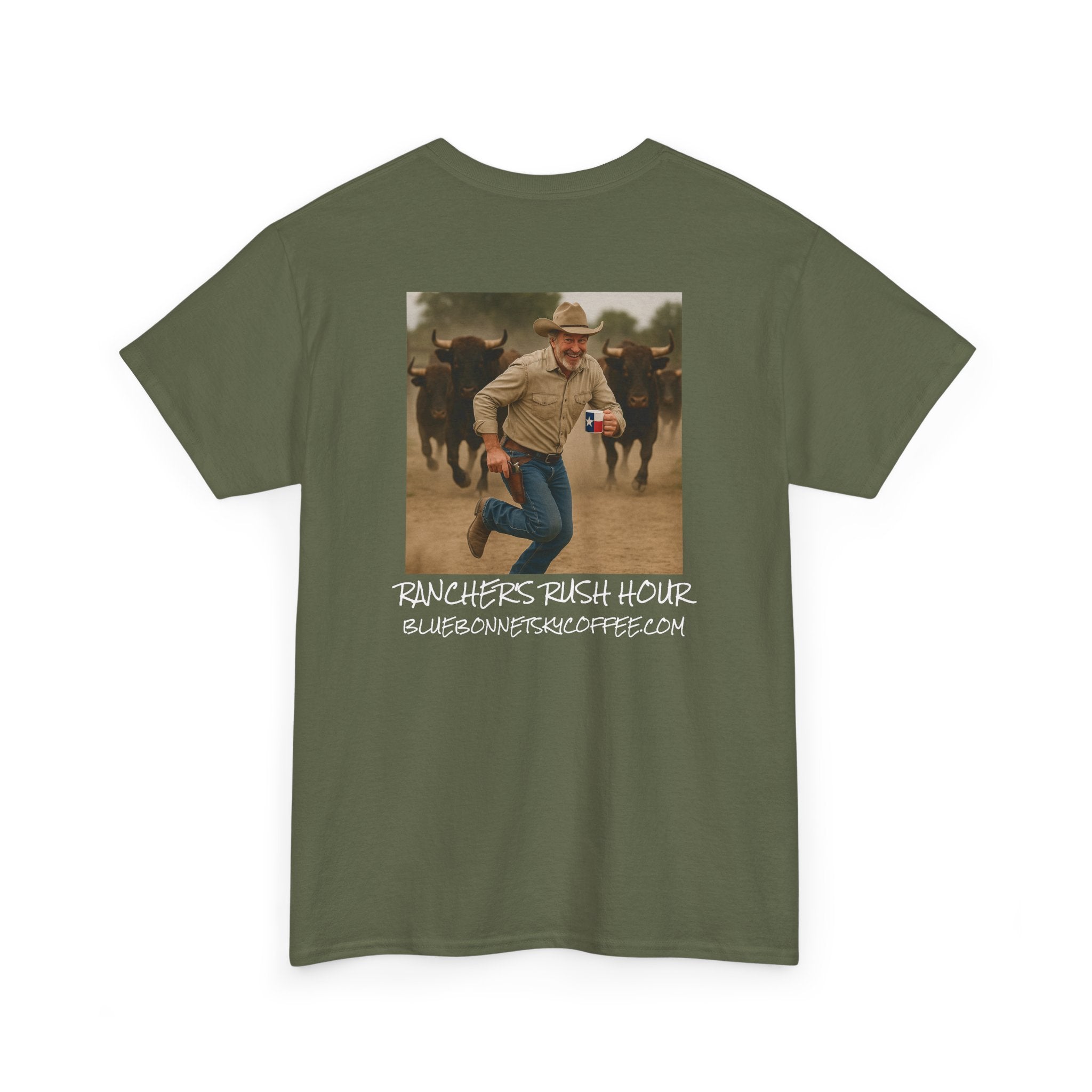 Rancher's Rush Hour Dark Roast Tee-Retro Bluebonnet Sky Coffee Graphic Tee-Shirt