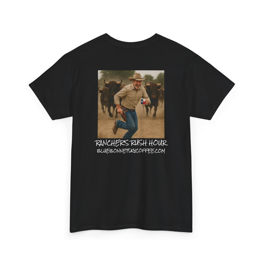 Rancher's Rush Hour Dark Roast Tee-Retro Bluebonnet Sky Coffee Graphic Tee-Shirt