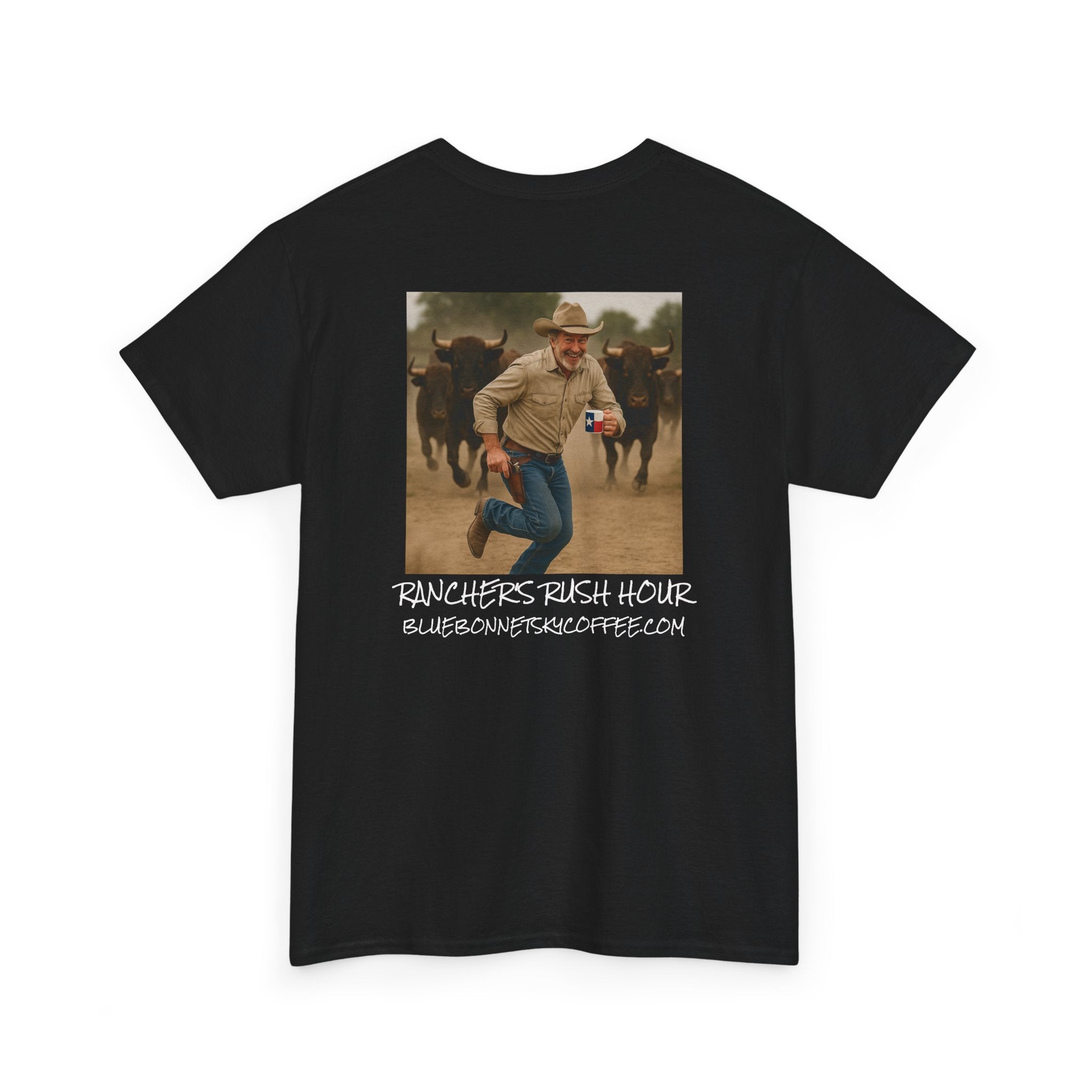 Rancher's Rush Hour Dark Roast Tee-Retro Bluebonnet Sky Coffee Graphic Tee-Shirt