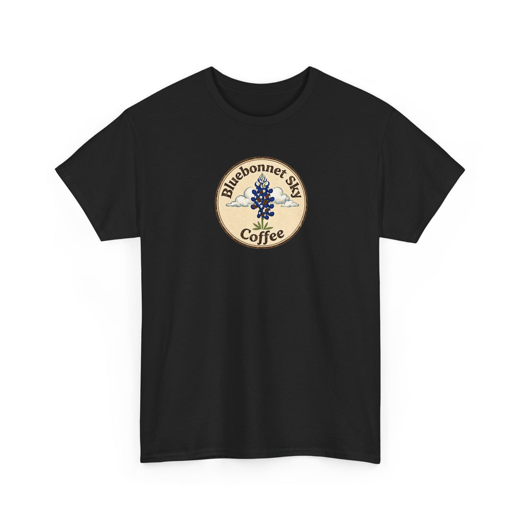 Rancher's Rush Hour Dark Roast Tee-Retro Bluebonnet Sky Coffee Graphic Tee-Shirt