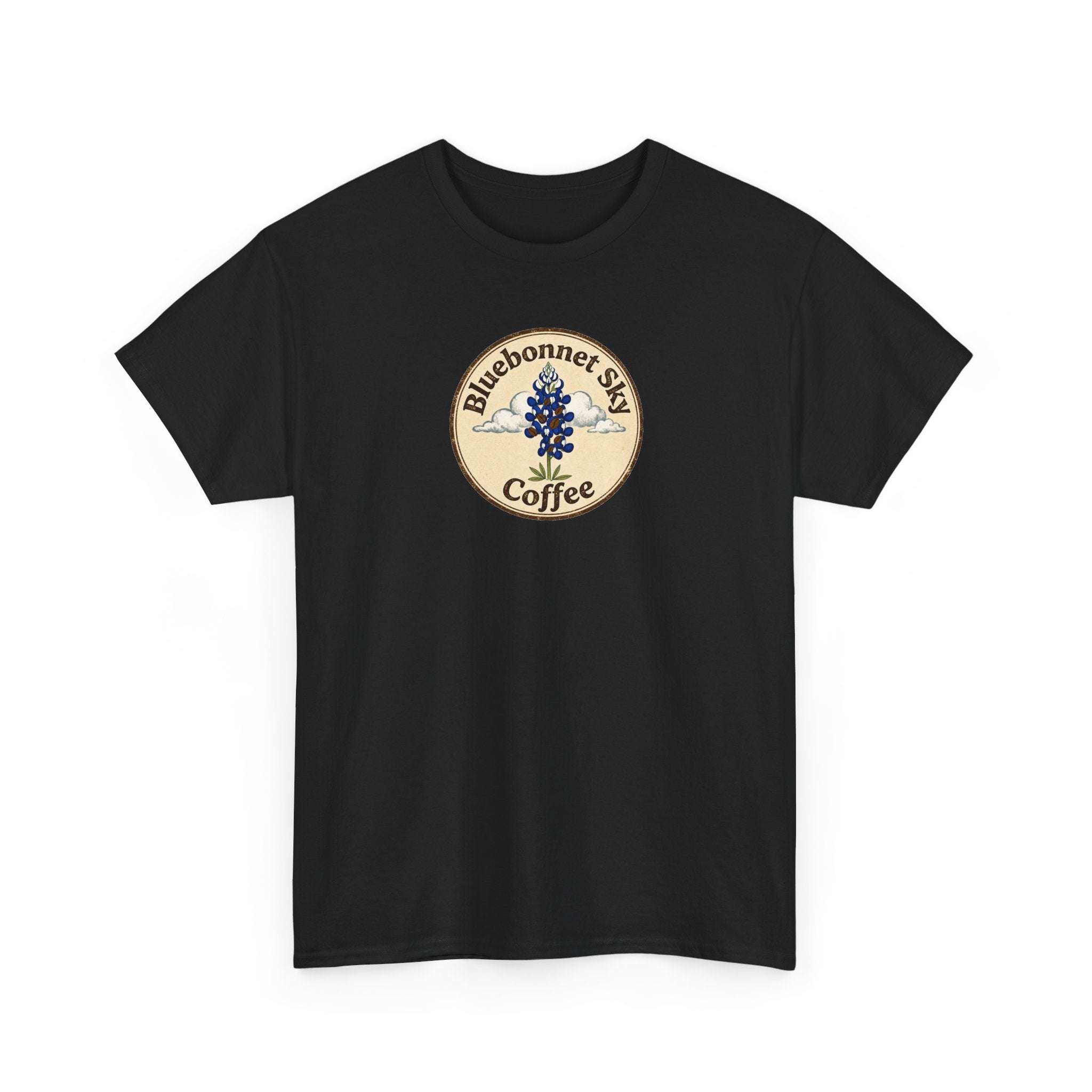 Rancher's Rush Hour Dark Roast Tee-Retro Bluebonnet Sky Coffee Graphic Tee-Shirt