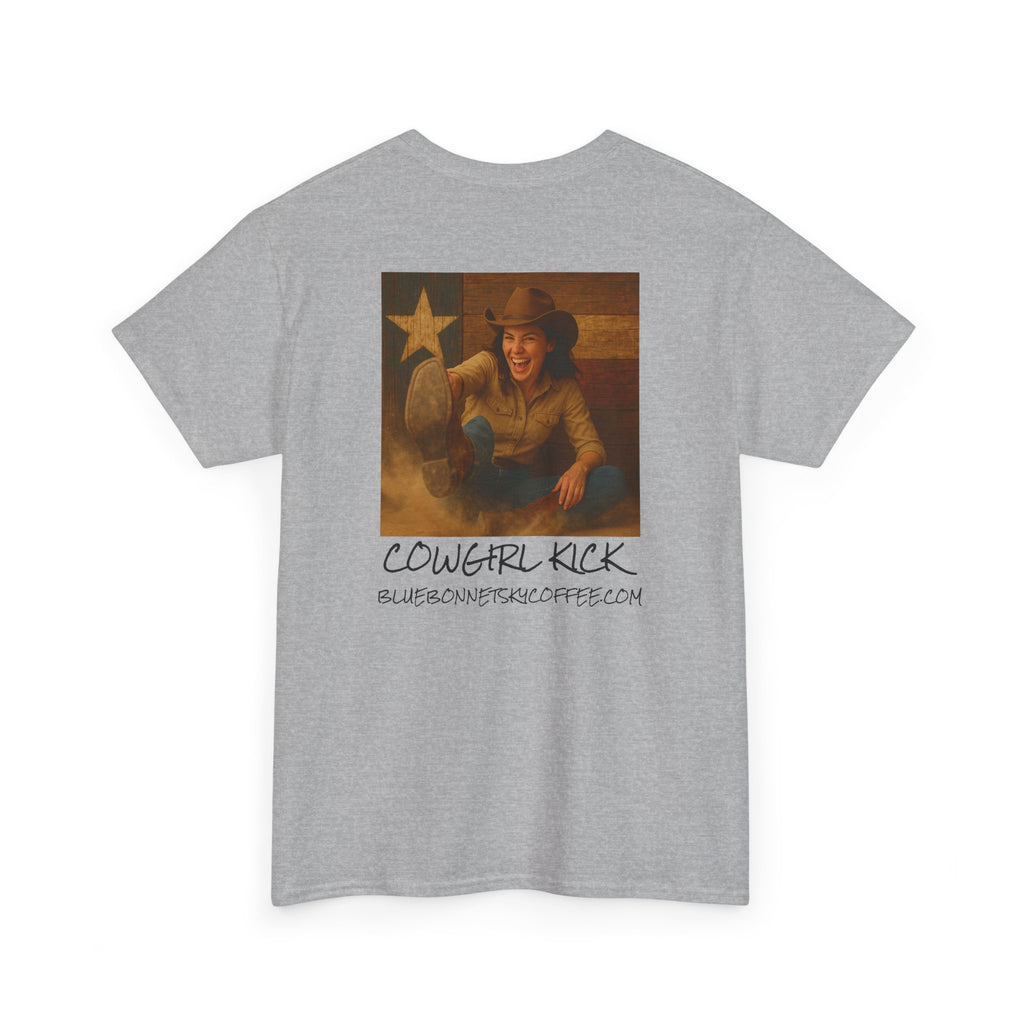 Cowgirl Kick Single Origin Tee — Retro Bluebonnet Sky Coffee Graphic T‑Shirt