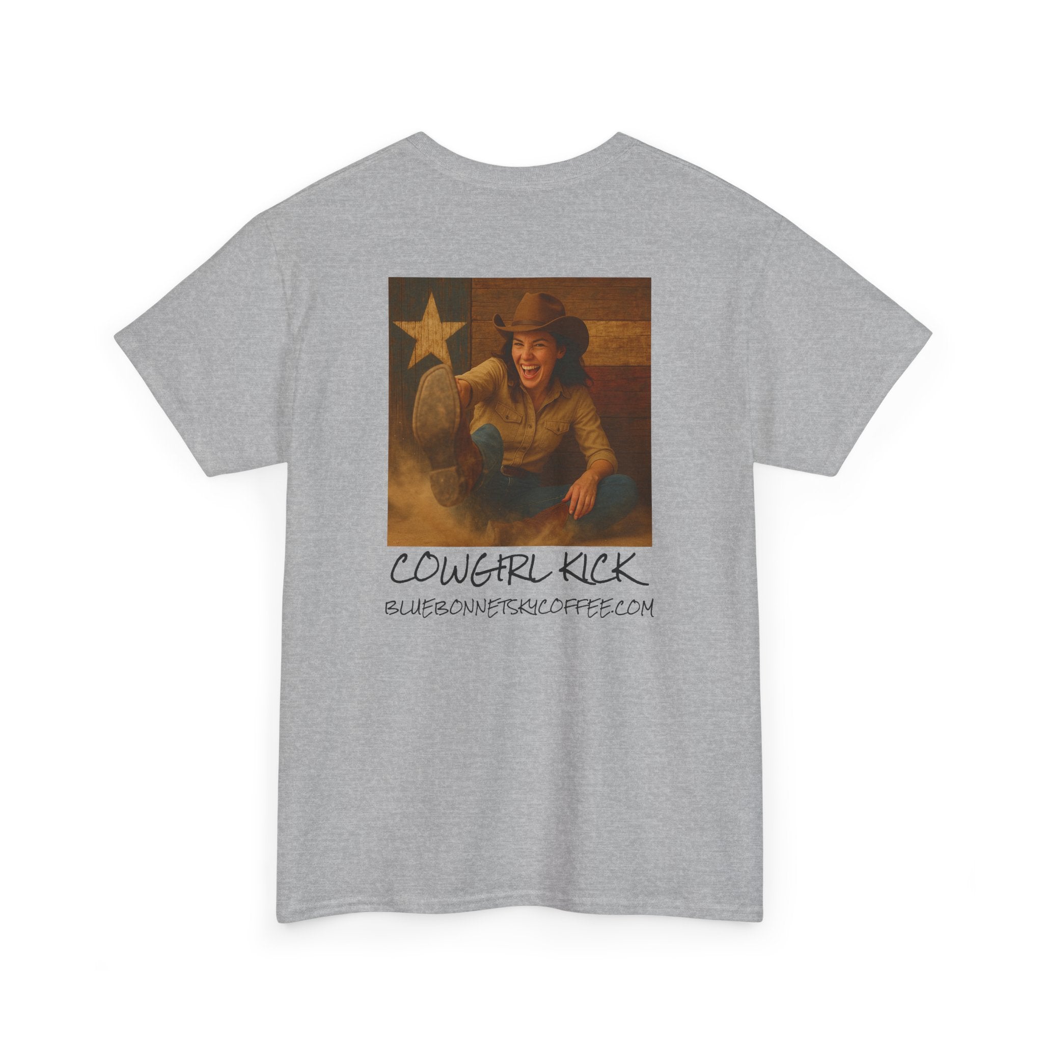 Cowgirl Kick Single Origin Tee — Retro Bluebonnet Sky Coffee Graphic T‑Shirt
