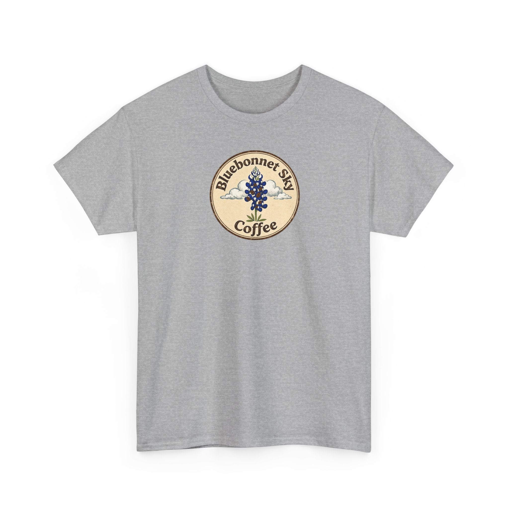 Cowgirl Kick Single Origin Tee — Retro Bluebonnet Sky Coffee Graphic T‑Shirt