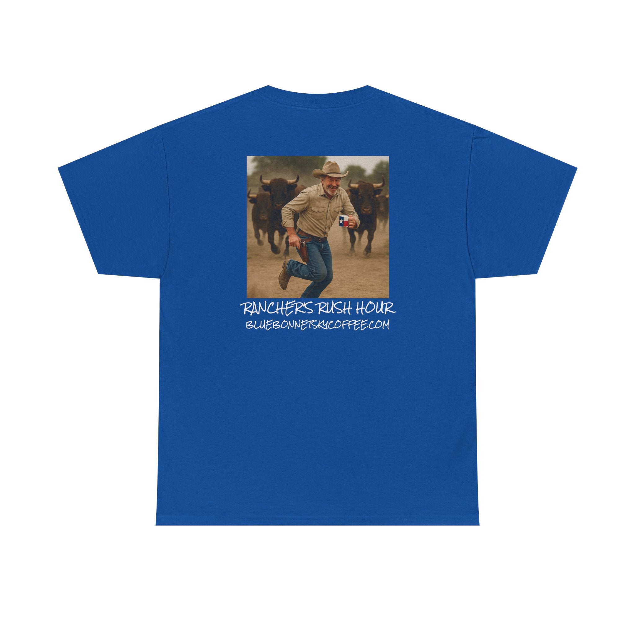 Rancher's Rush Hour Dark Roast Tee-Retro Bluebonnet Sky Coffee Graphic Tee-Shirt